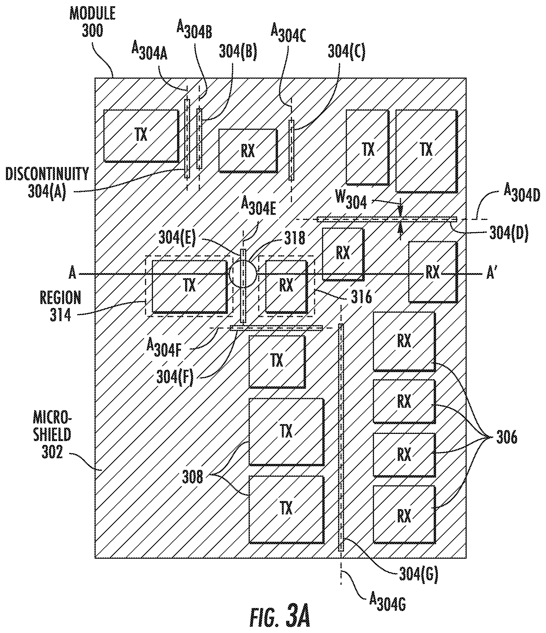 Patent US12324089 Figure 4 – Module conductive shield including discontinuities to reduce device coupling