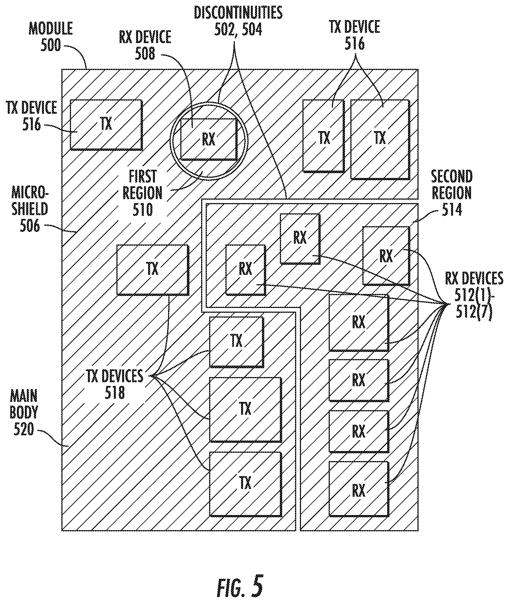 Patent US12324089 Figure 7 – Module conductive shield including discontinuities to reduce device coupling