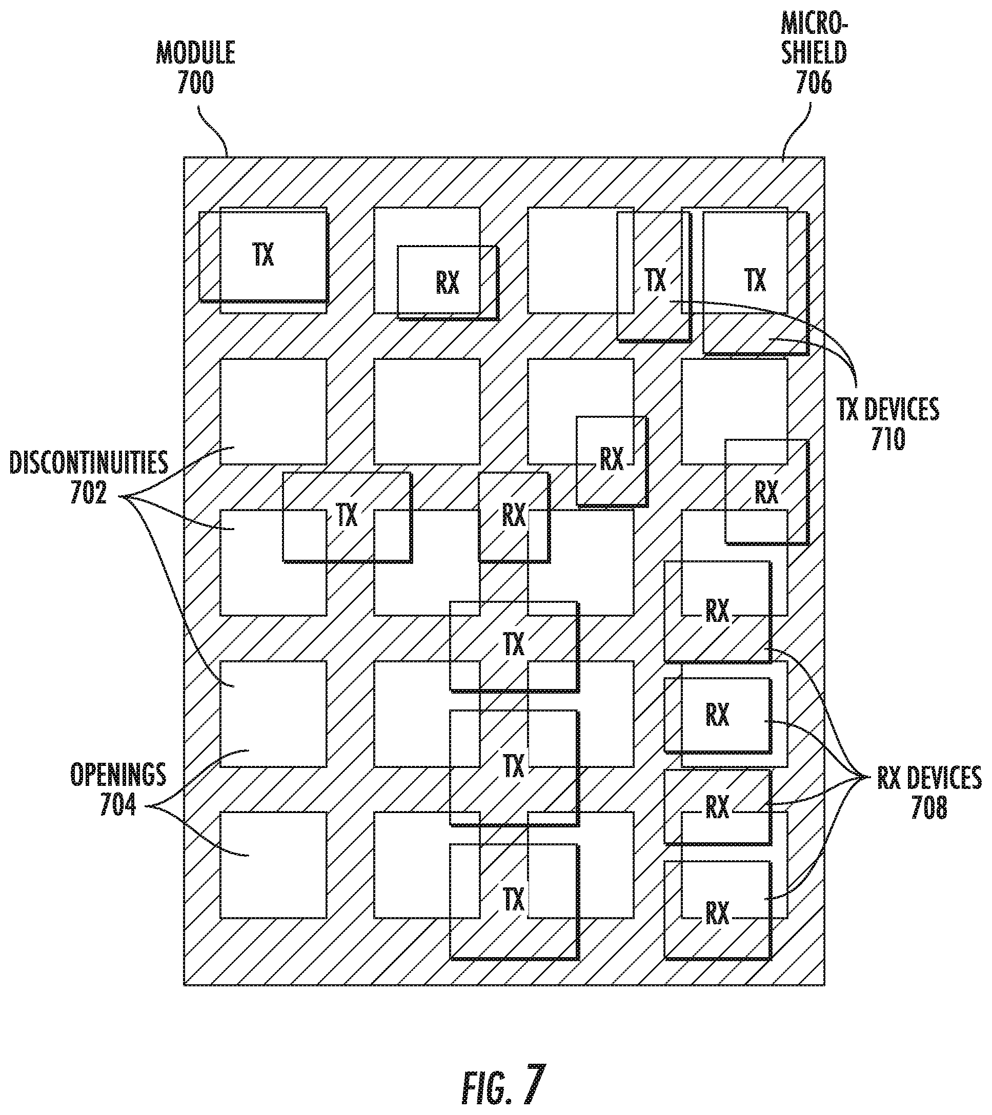 Patent US12324089 Figure 9 – Module conductive shield including discontinuities to reduce device coupling