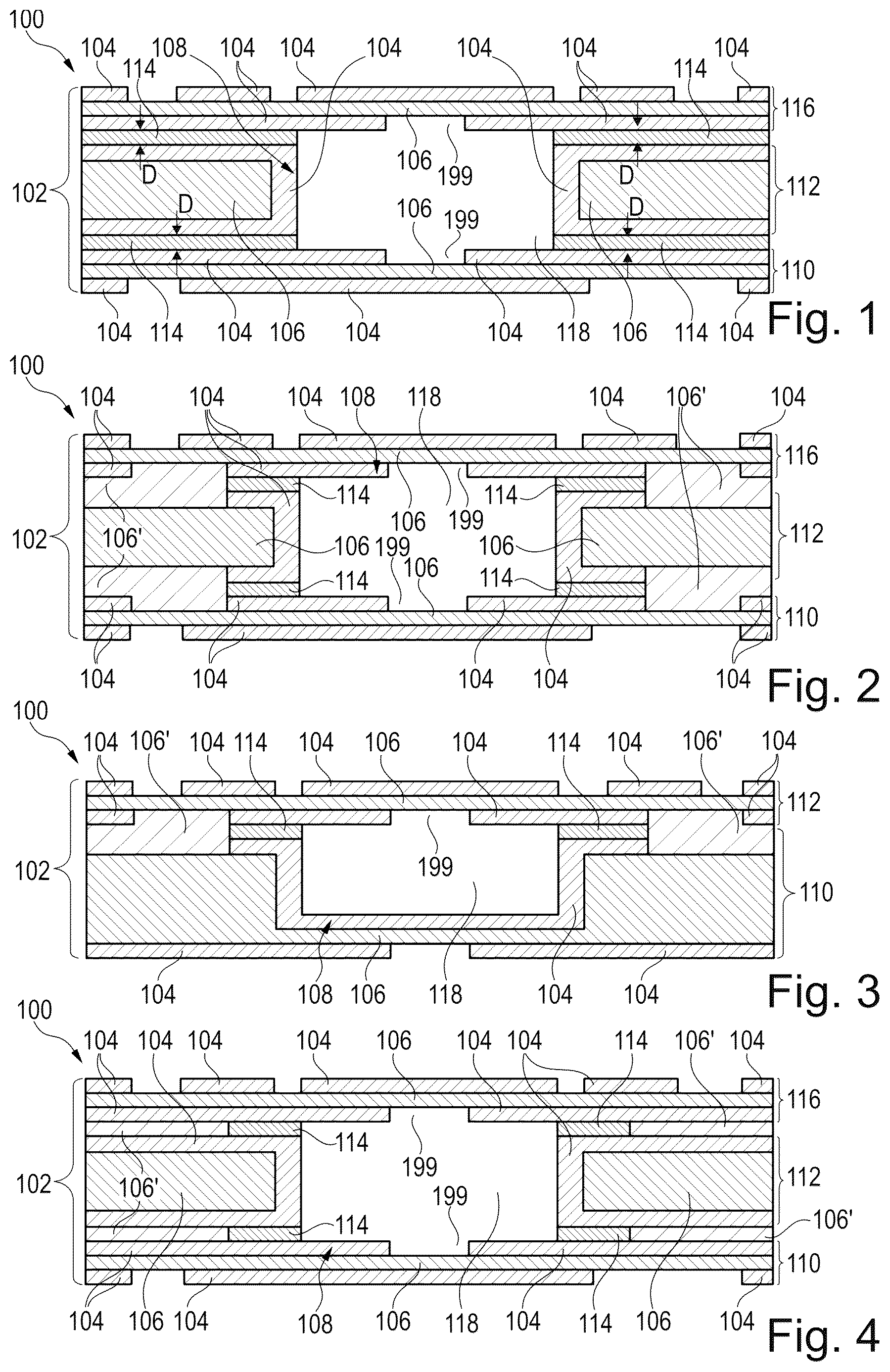Patent US12324091 Figure 1 – Component carrier for microwave applications with stack pieces interconnected at an electrically conductive connection interface