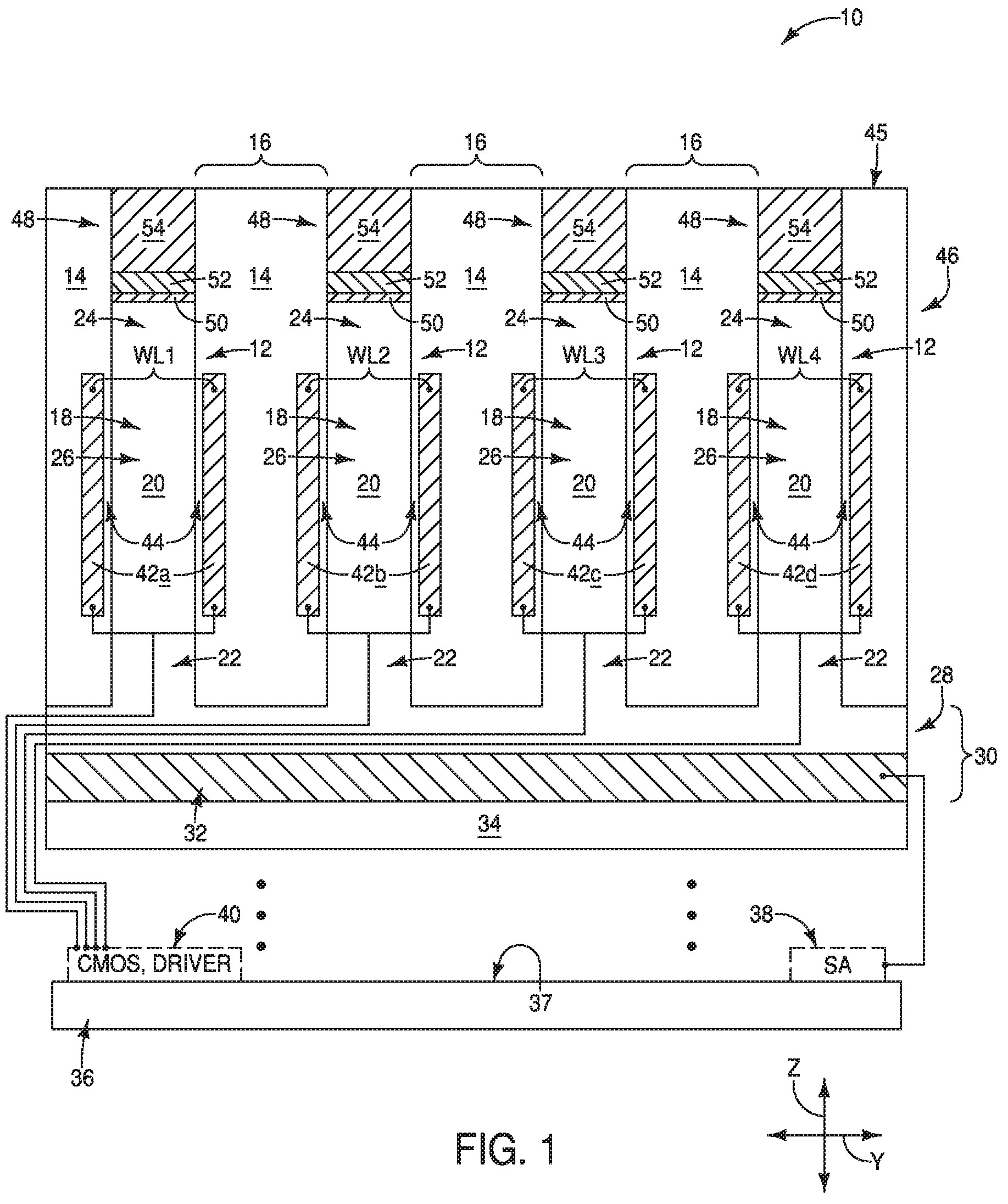 Patent US12324143 Figure 1 – Methods of utilizing etch-stop material during fabrication of capacitors, integrated assemblies comprising capacitors