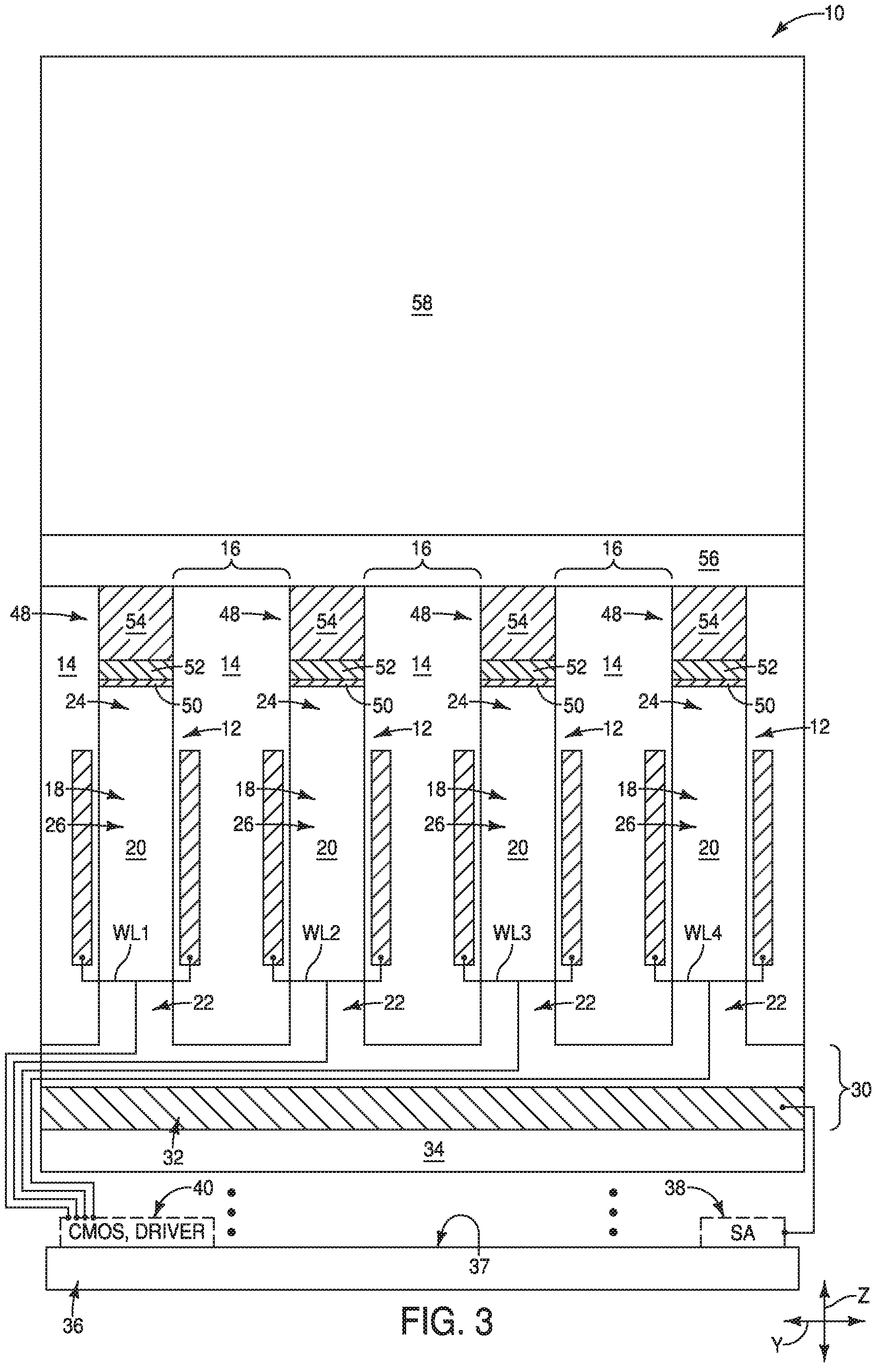 Patent US12324143 Figure 3 – Methods of utilizing etch-stop material during fabrication of capacitors, integrated assemblies comprising capacitors