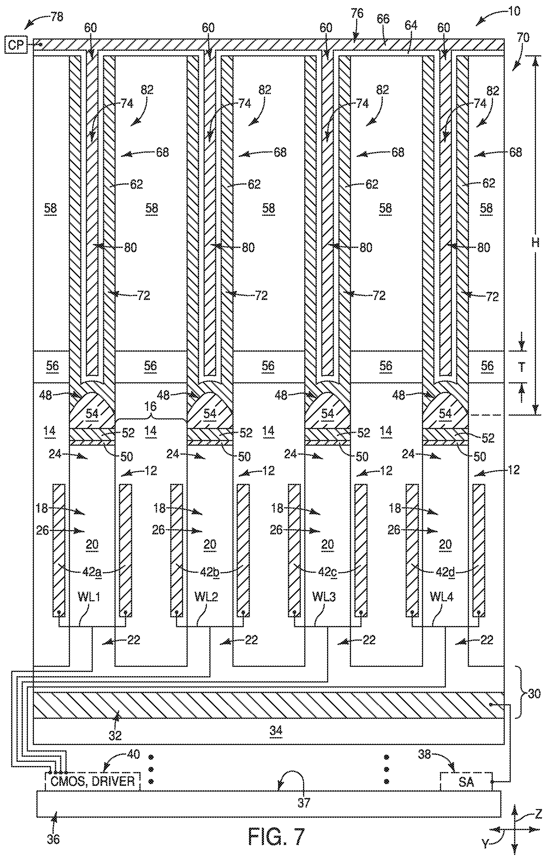 Patent US12324143 Figure 9 – Methods of utilizing etch-stop material during fabrication of capacitors, integrated assemblies comprising capacitors