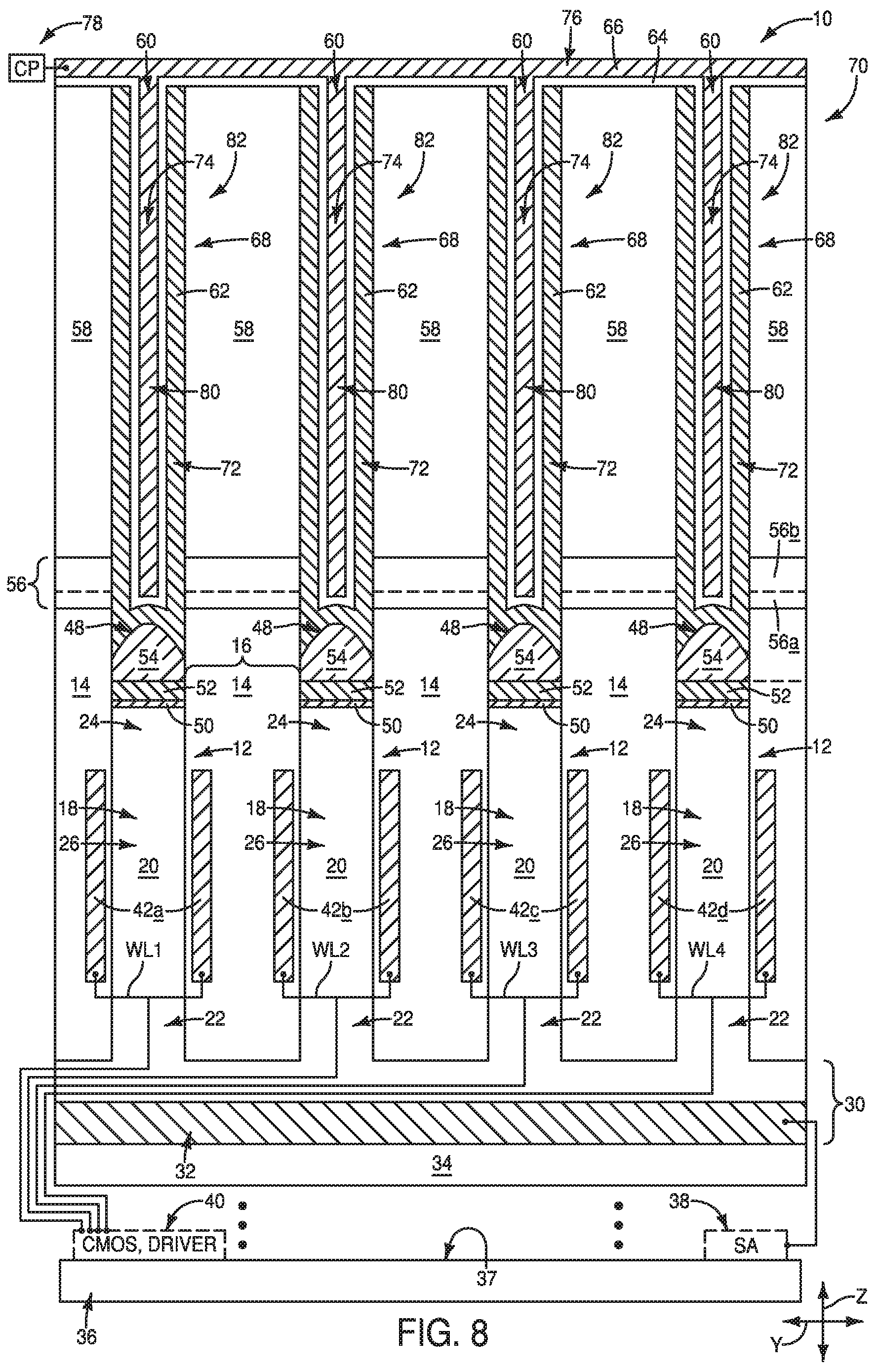 Patent US12324143 Figure 10 – Methods of utilizing etch-stop material during fabrication of capacitors, integrated assemblies comprising capacitors