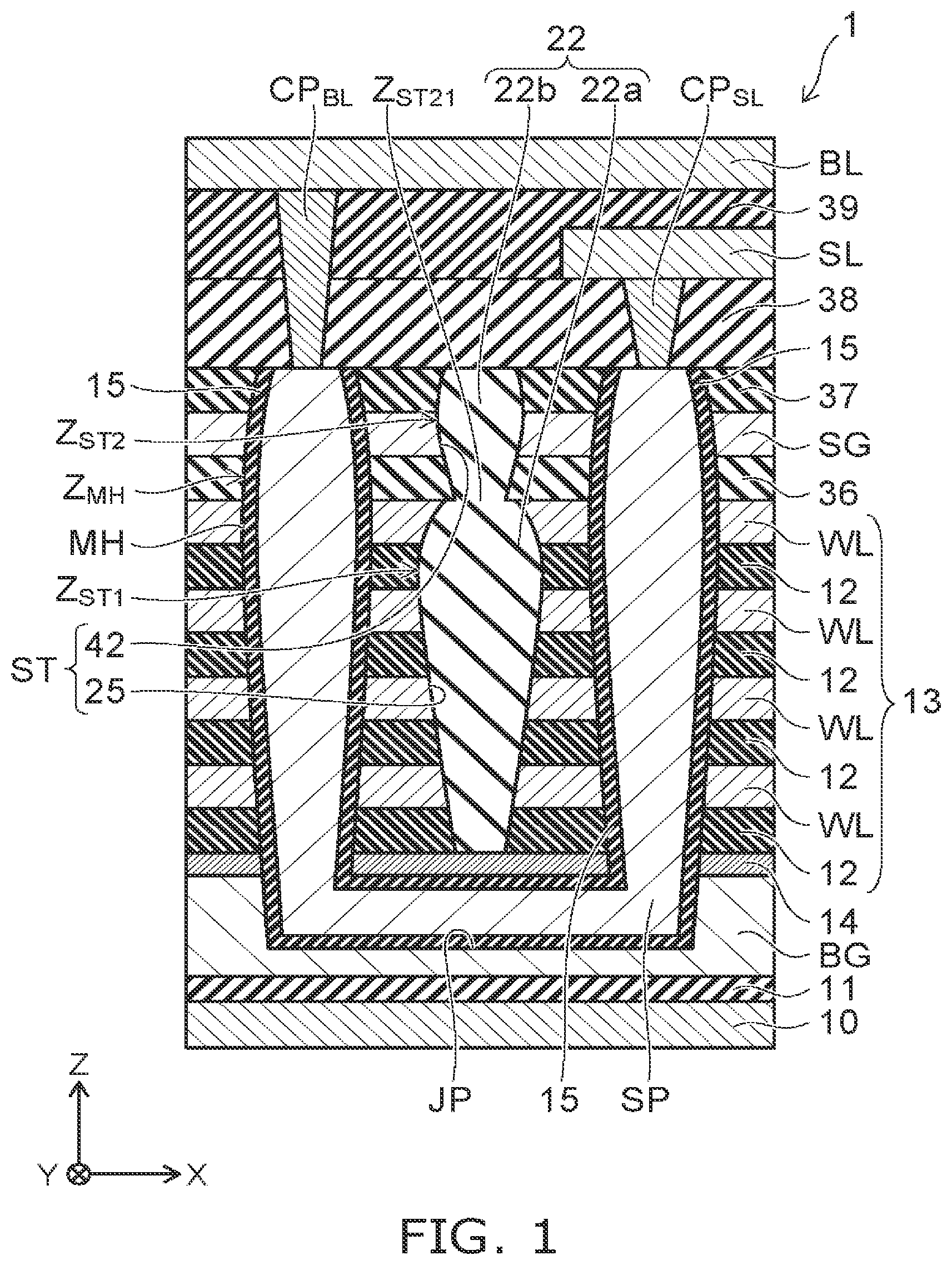 Patent US12324153 Figure 1 – Stacked type semiconductor memory device with varying widths in the insulating member and pillars