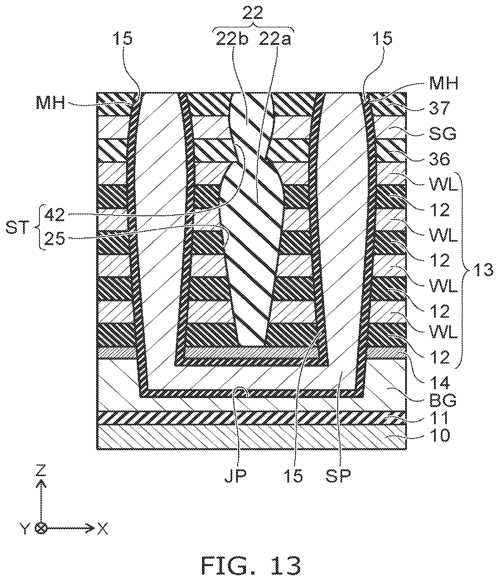 Patent US12324153 Figure 12 – Stacked type semiconductor memory device with varying widths in the insulating member and pillars