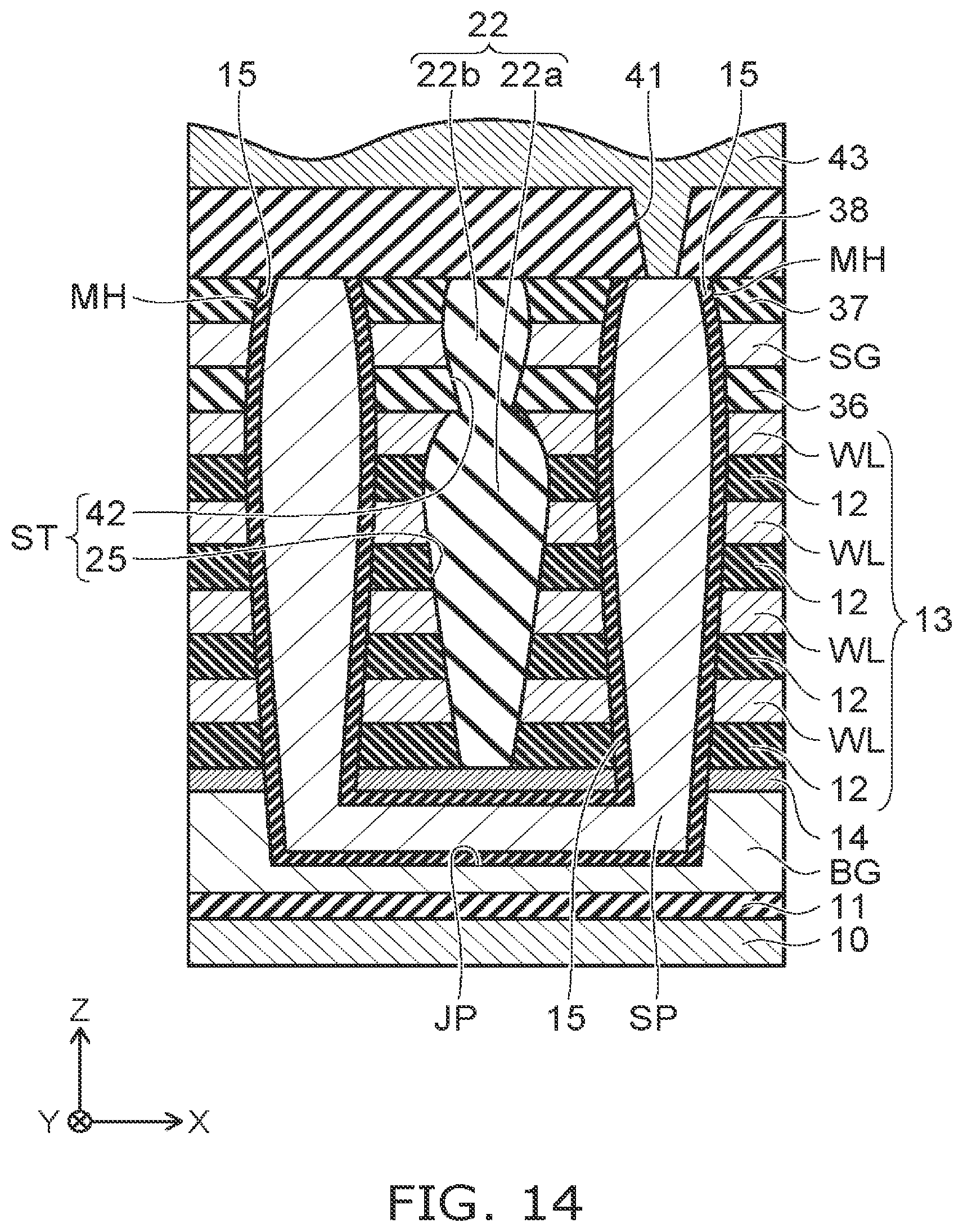 Patent US12324153 Figure 13 – Stacked type semiconductor memory device with varying widths in the insulating member and pillars