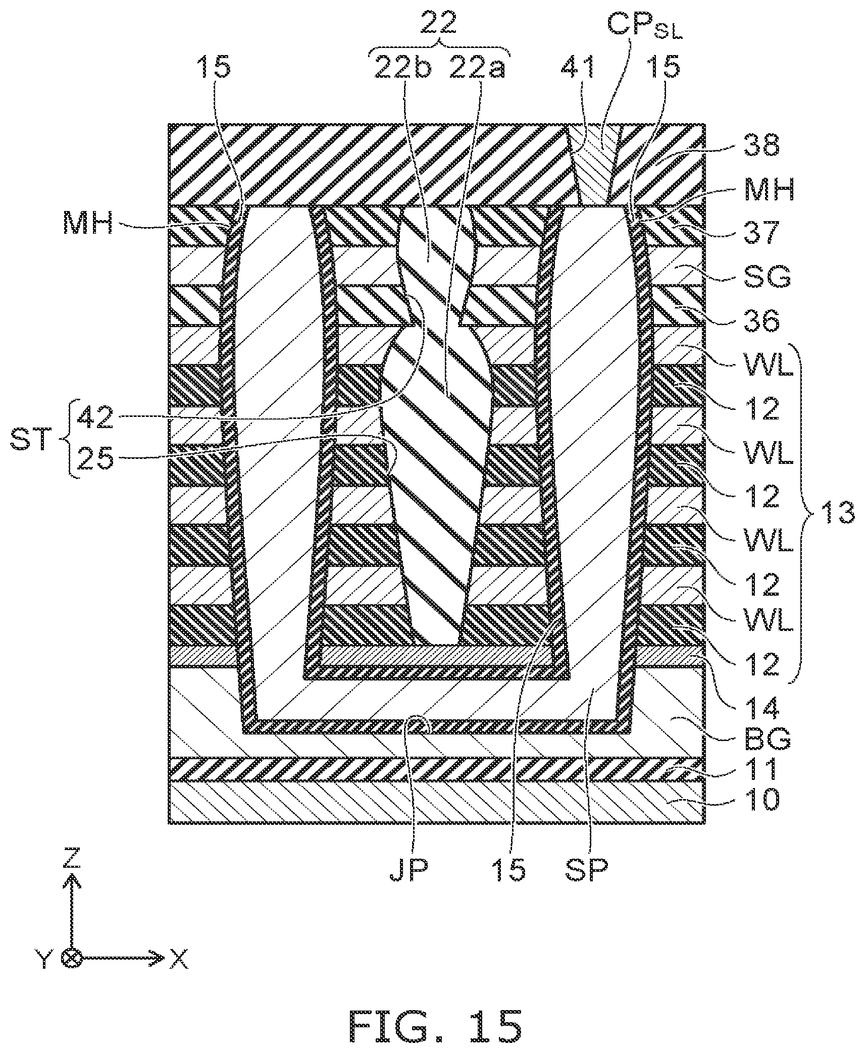Patent US12324153 Figure 14 – Stacked type semiconductor memory device with varying widths in the insulating member and pillars