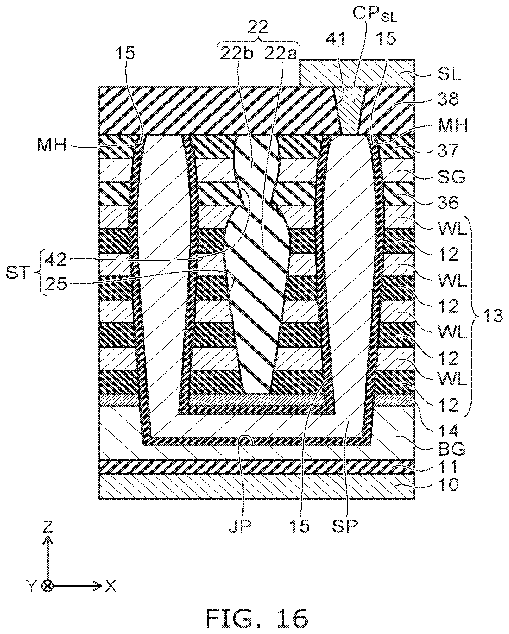 Patent US12324153 Figure 15 – Stacked type semiconductor memory device with varying widths in the insulating member and pillars