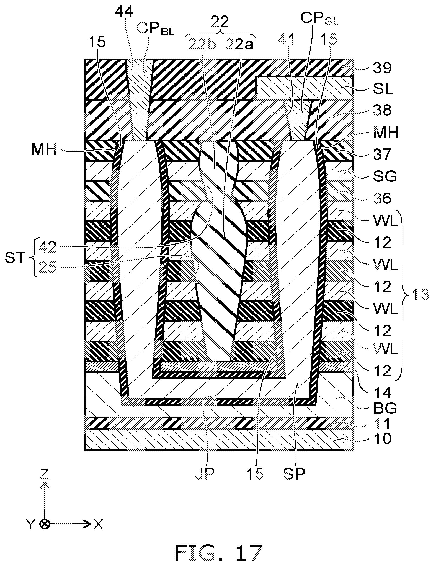 Patent US12324153 Figure 16 – Stacked type semiconductor memory device with varying widths in the insulating member and pillars