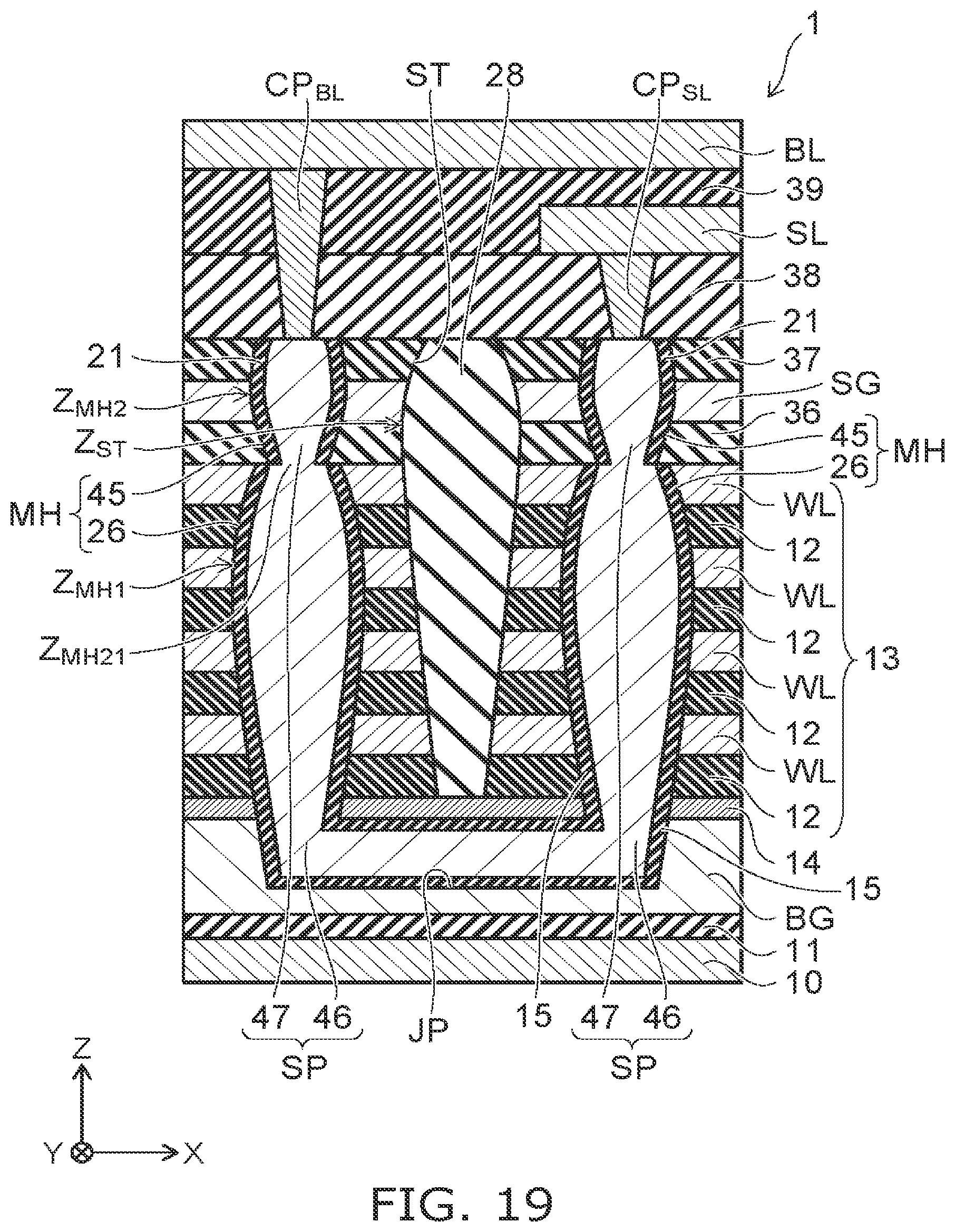 Patent US12324153 Figure 18 – Stacked type semiconductor memory device with varying widths in the insulating member and pillars