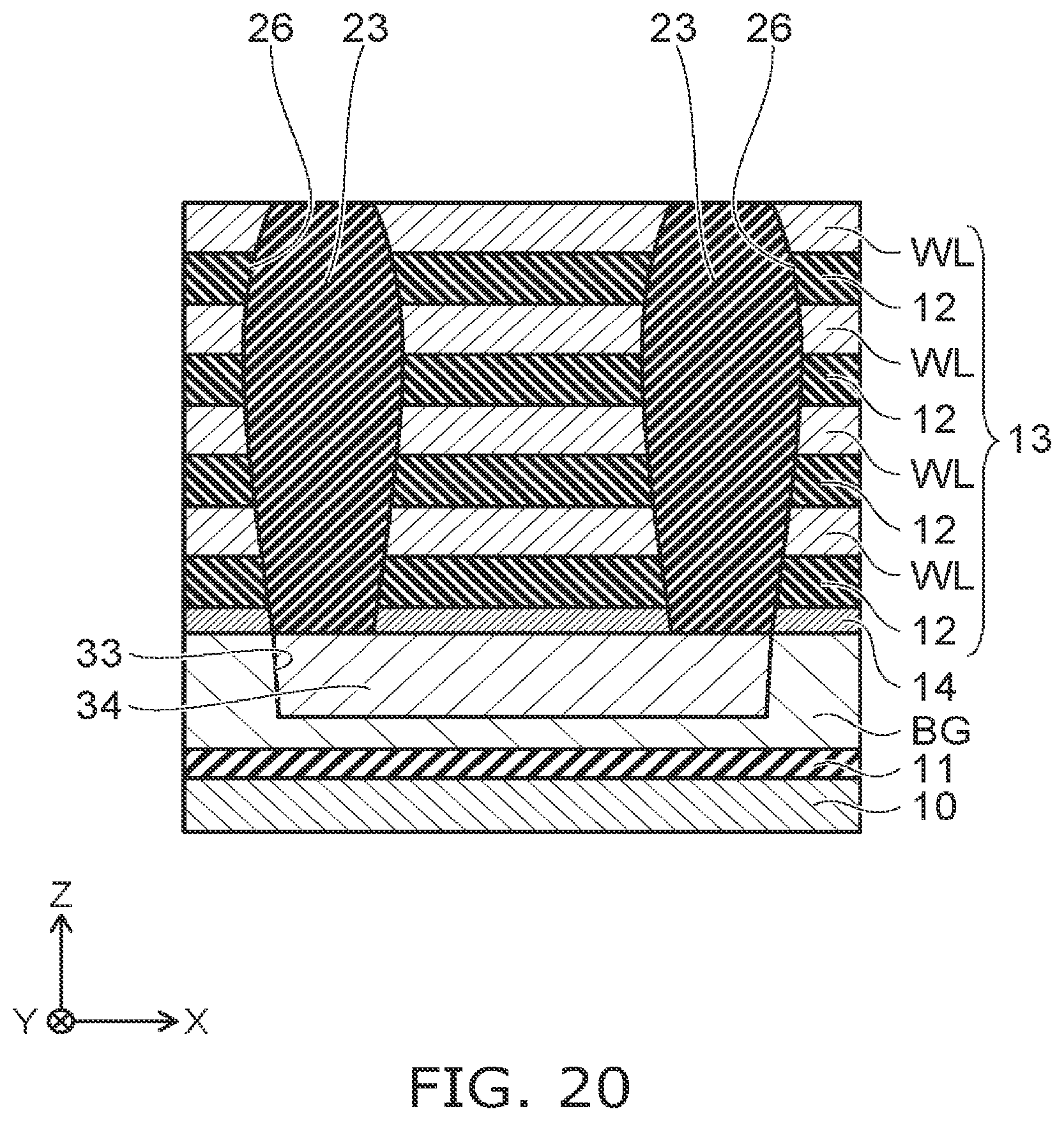Patent US12324153 Figure 19 – Stacked type semiconductor memory device with varying widths in the insulating member and pillars