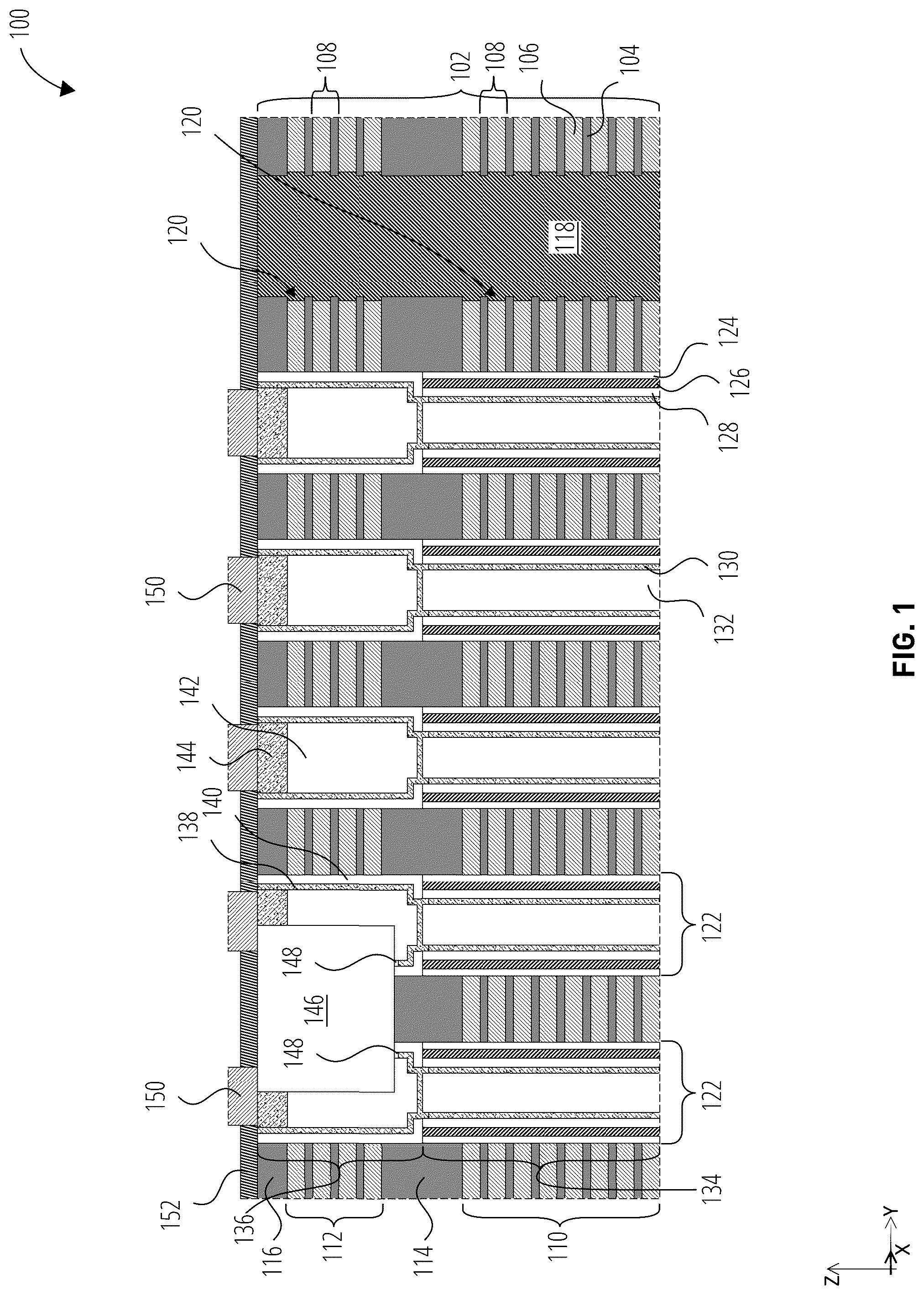 Patent US12324154 Figure 1 – Microelectronic devices including pillars with partially-circular upper portions and circular lower portions, and related methods