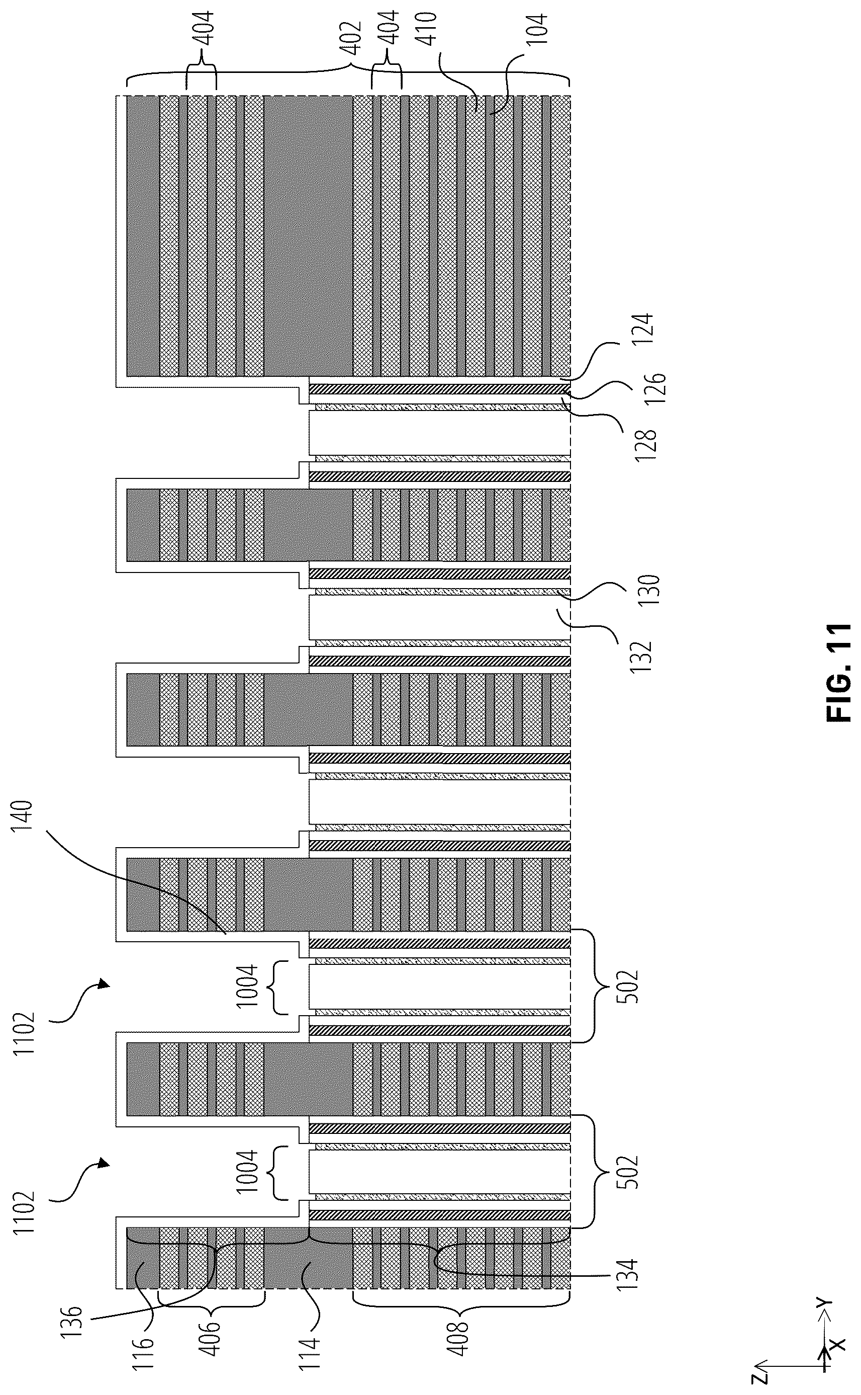 Patent US12324154 Figure 11 – Microelectronic devices including pillars with partially-circular upper portions and circular lower portions, and related methods