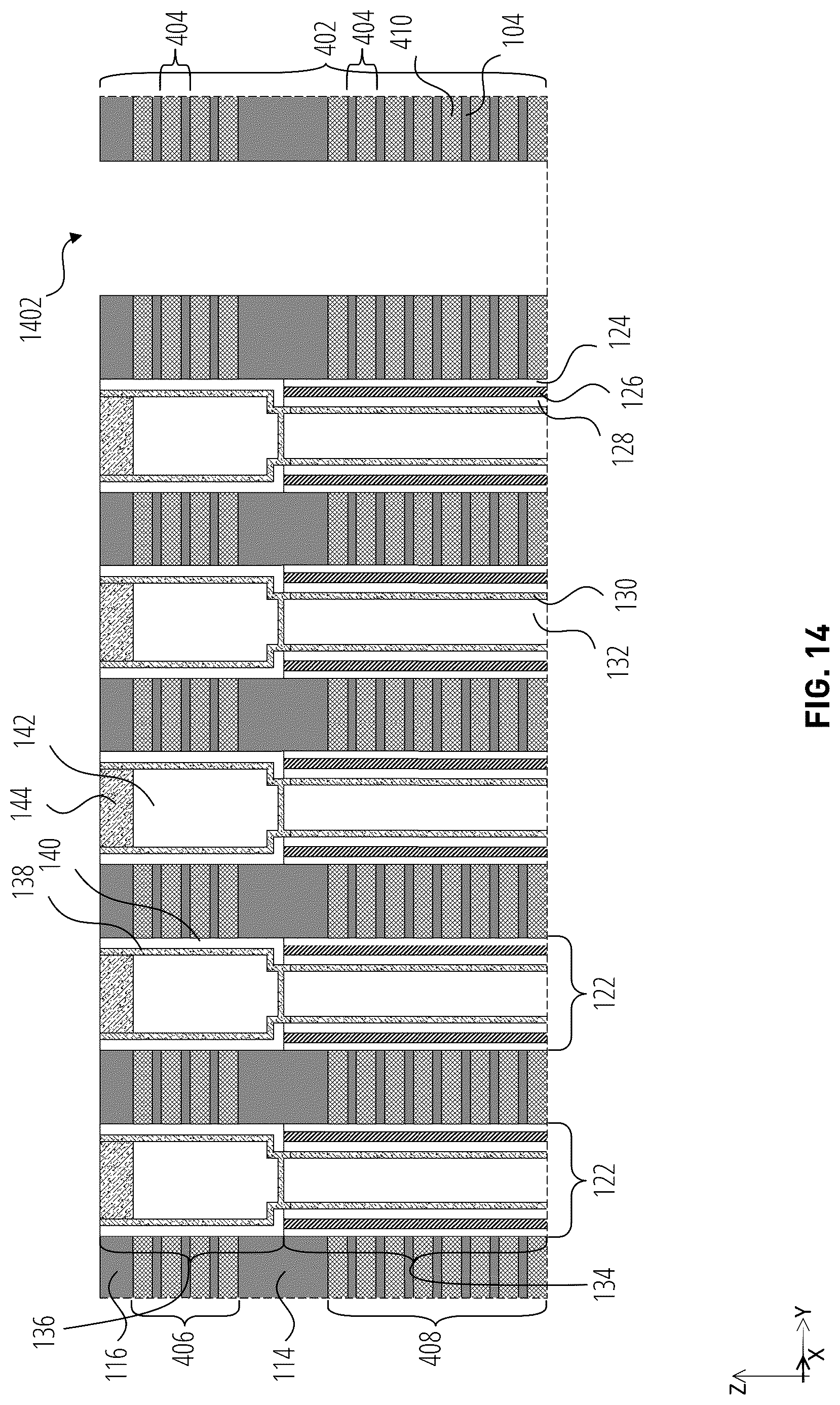 Patent US12324154 Figure 14 – Microelectronic devices including pillars with partially-circular upper portions and circular lower portions, and related methods