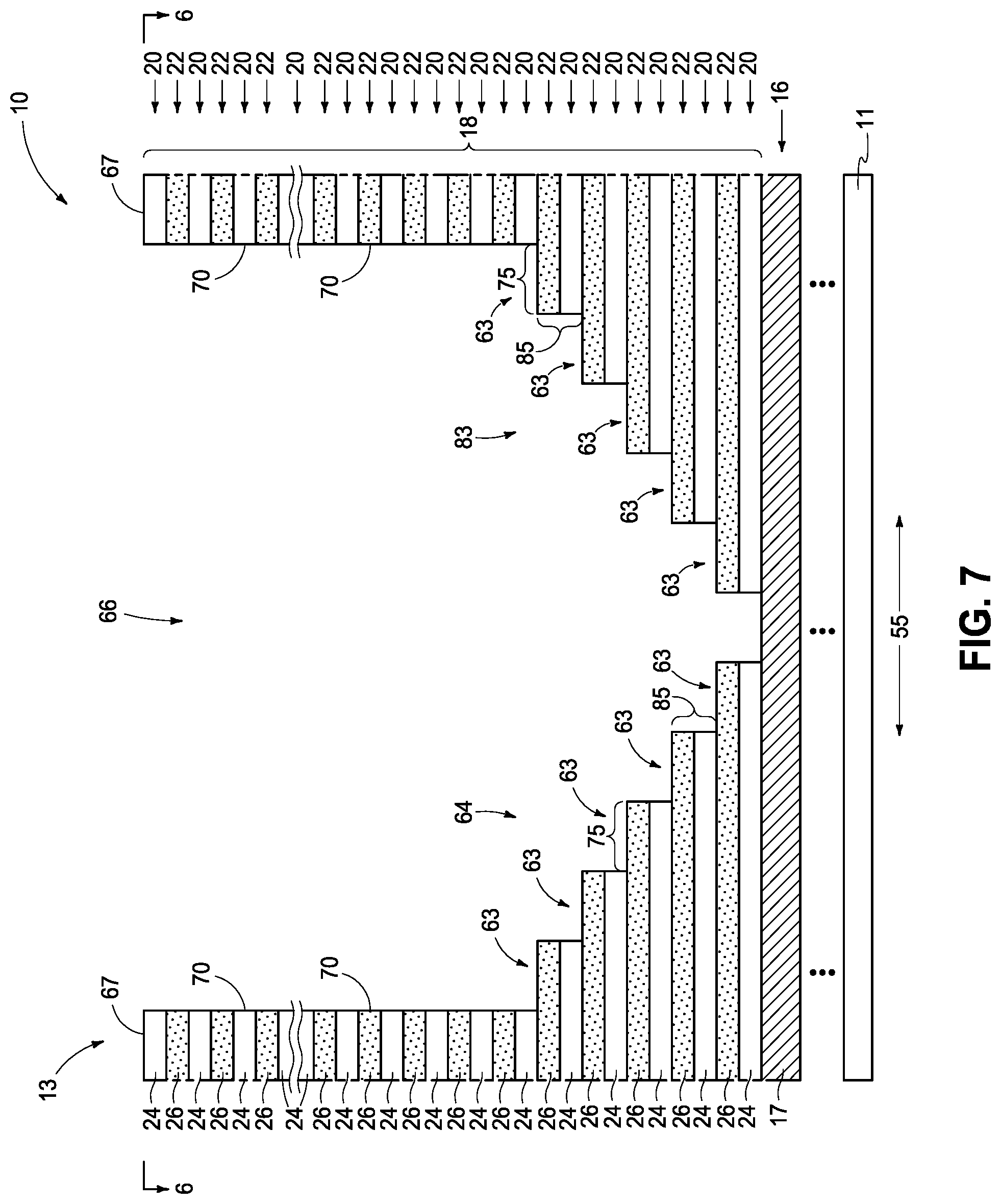 Patent US12324157 Figure 6 – Integrated circuitry, comprising a pair of opposing lateral projections in insulating material in a cavity