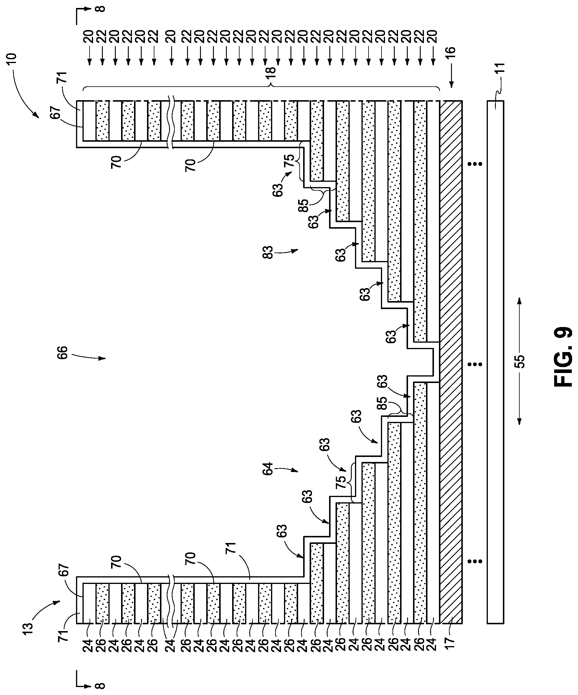 Patent US12324157 Figure 8 – Integrated circuitry, comprising a pair of opposing lateral projections in insulating material in a cavity