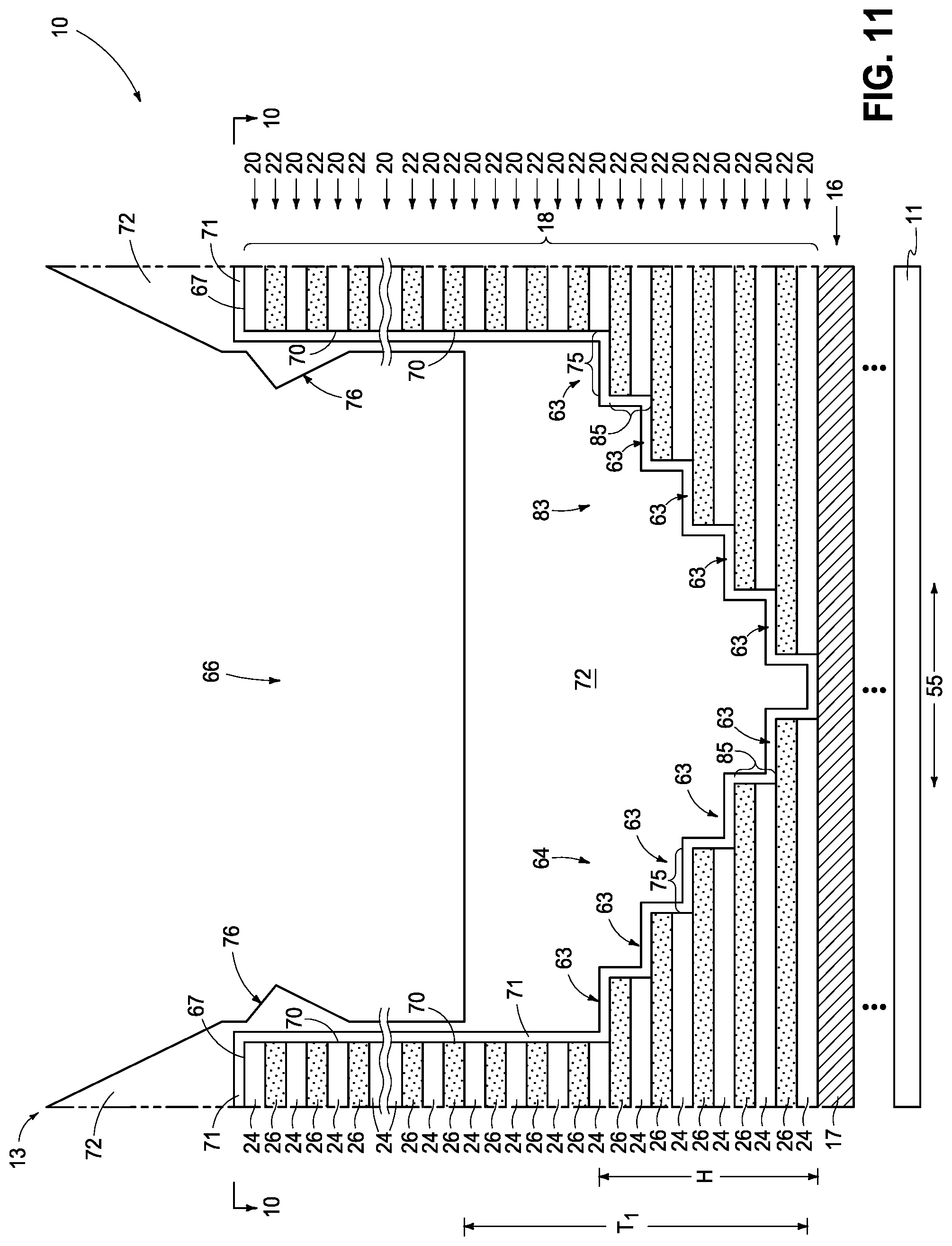 Patent US12324157 Figure 10 – Integrated circuitry, comprising a pair of opposing lateral projections in insulating material in a cavity