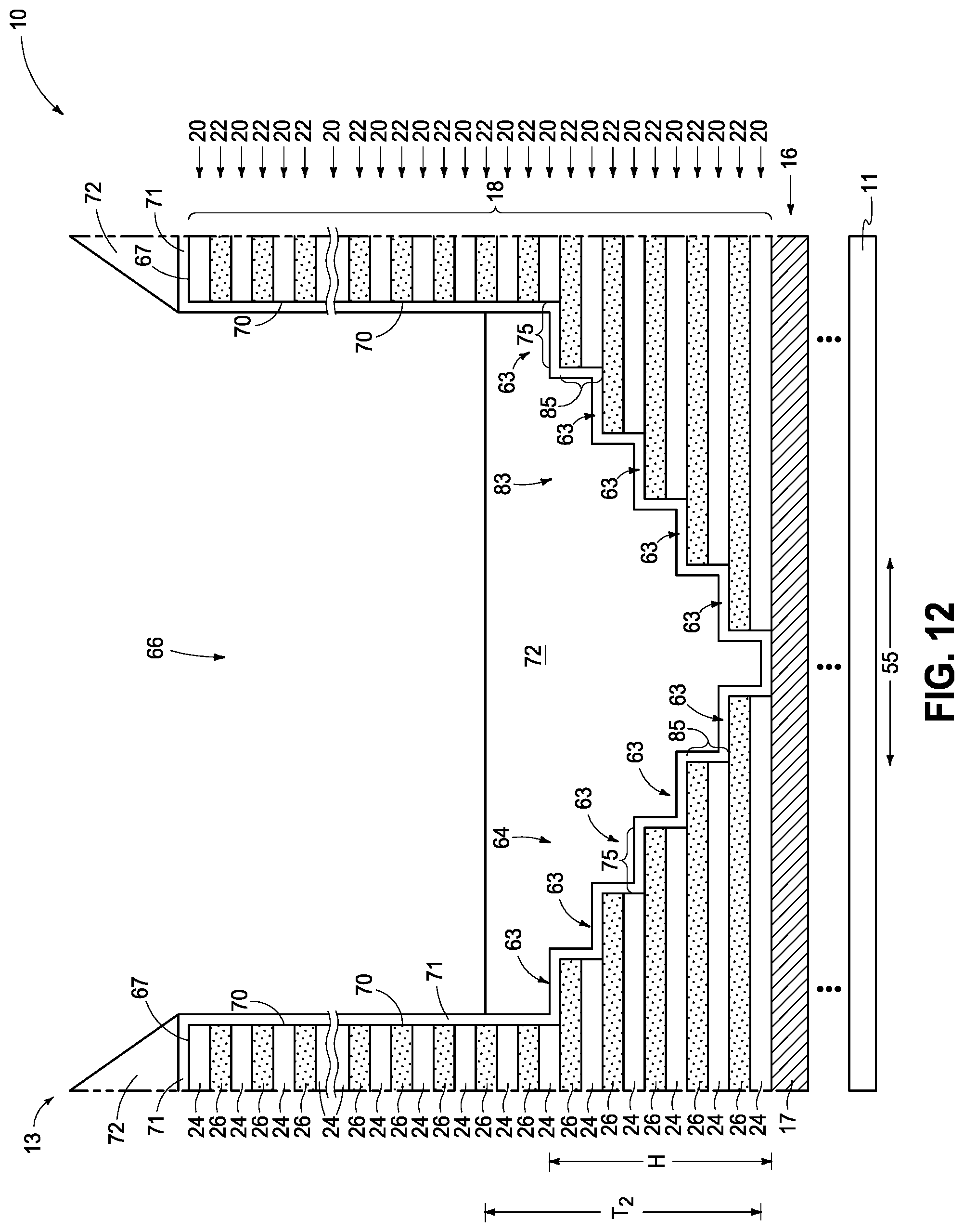 Patent US12324157 Figure 11 – Integrated circuitry, comprising a pair of opposing lateral projections in insulating material in a cavity