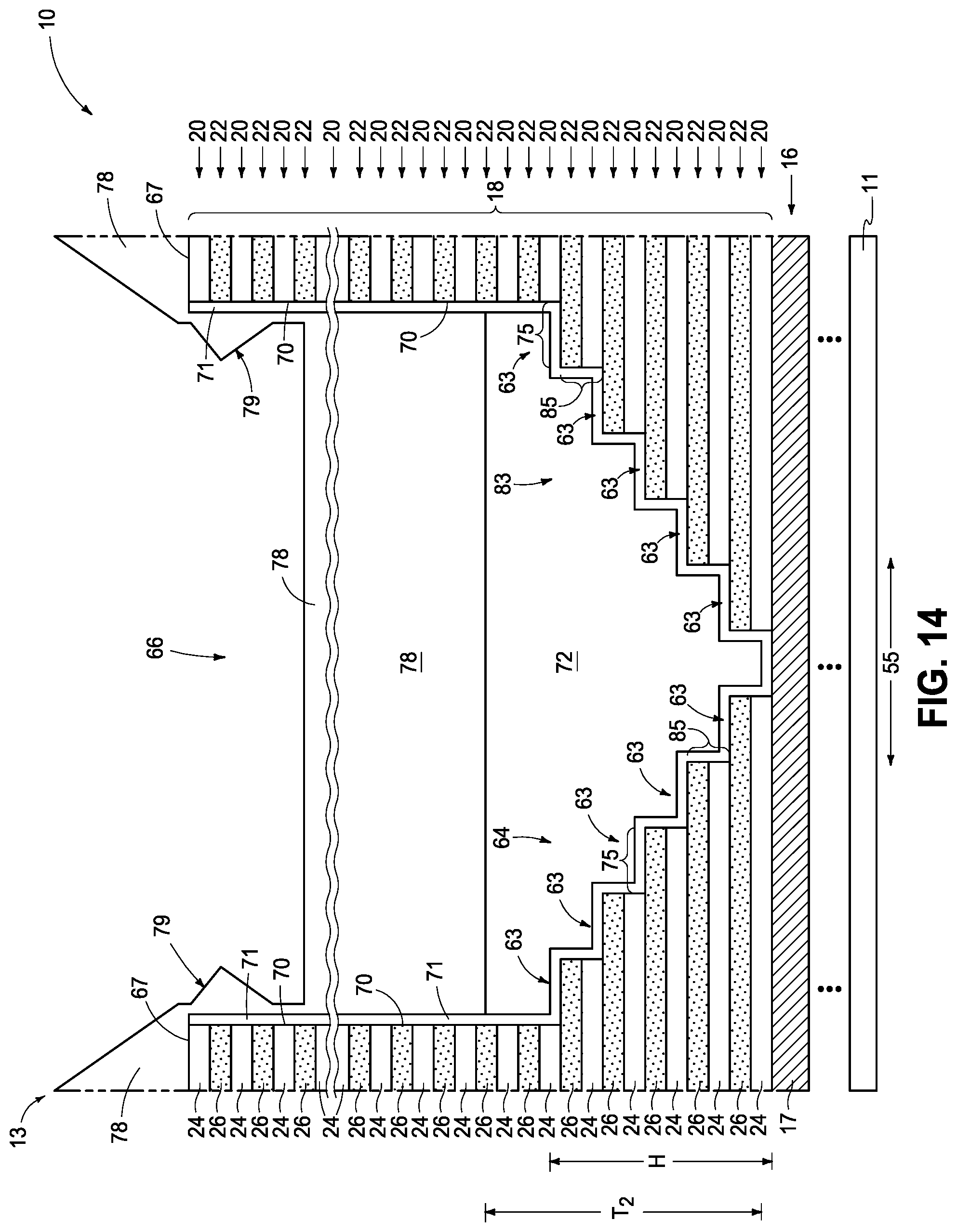 Patent US12324157 Figure 13 – Integrated circuitry, comprising a pair of opposing lateral projections in insulating material in a cavity