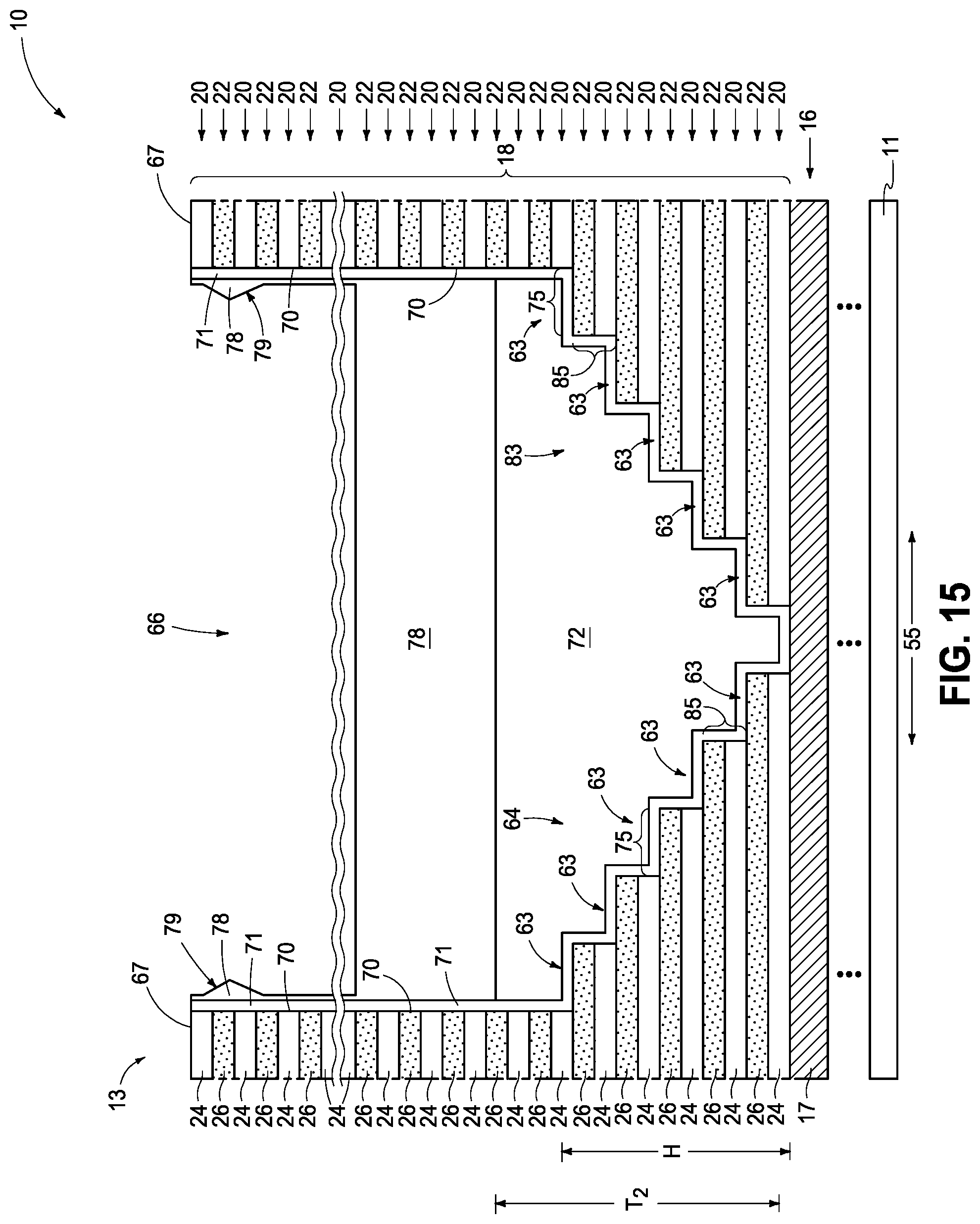 Patent US12324157 Figure 14 – Integrated circuitry, comprising a pair of opposing lateral projections in insulating material in a cavity