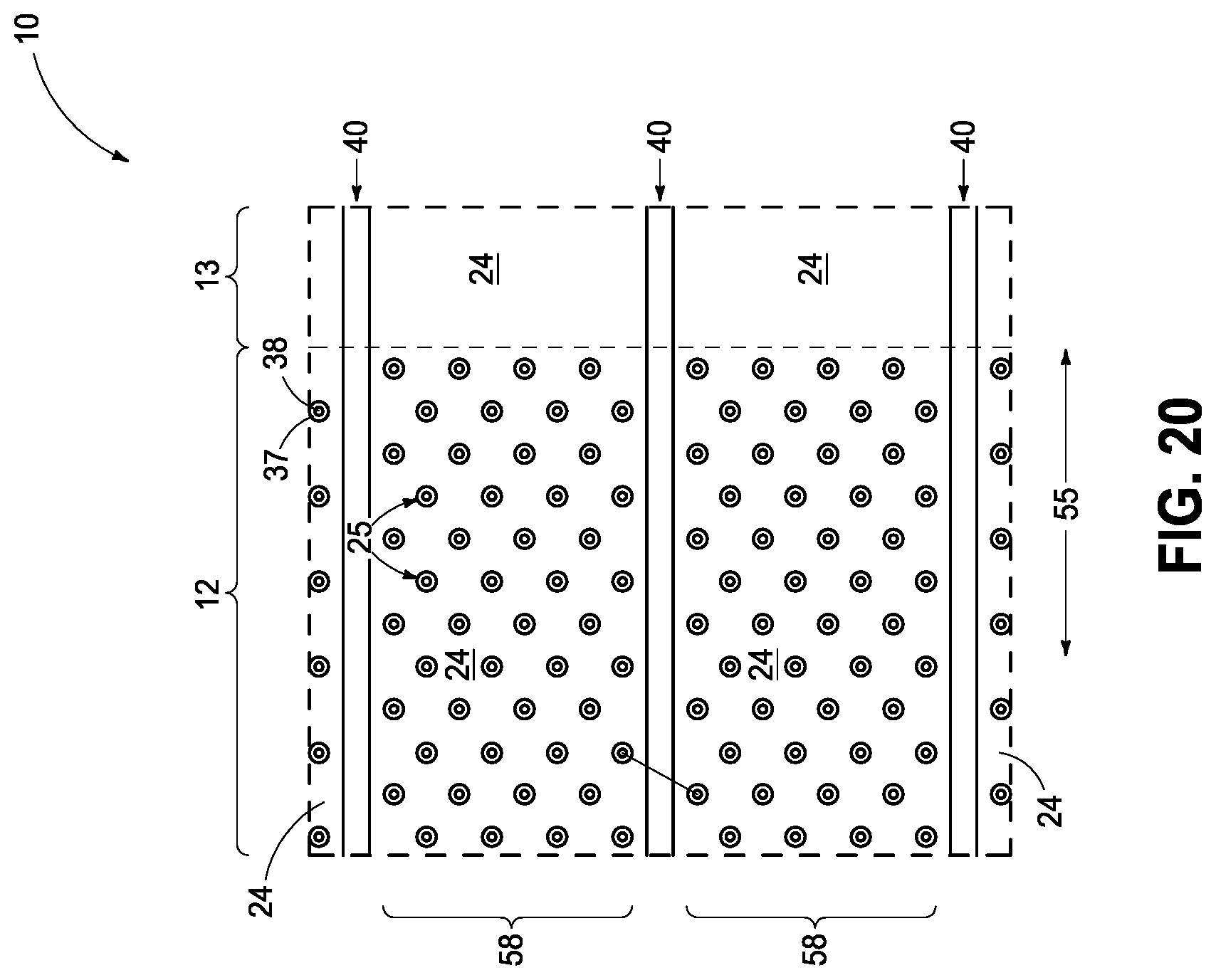 Patent US12324157 Figure 19 – Integrated circuitry, comprising a pair of opposing lateral projections in insulating material in a cavity