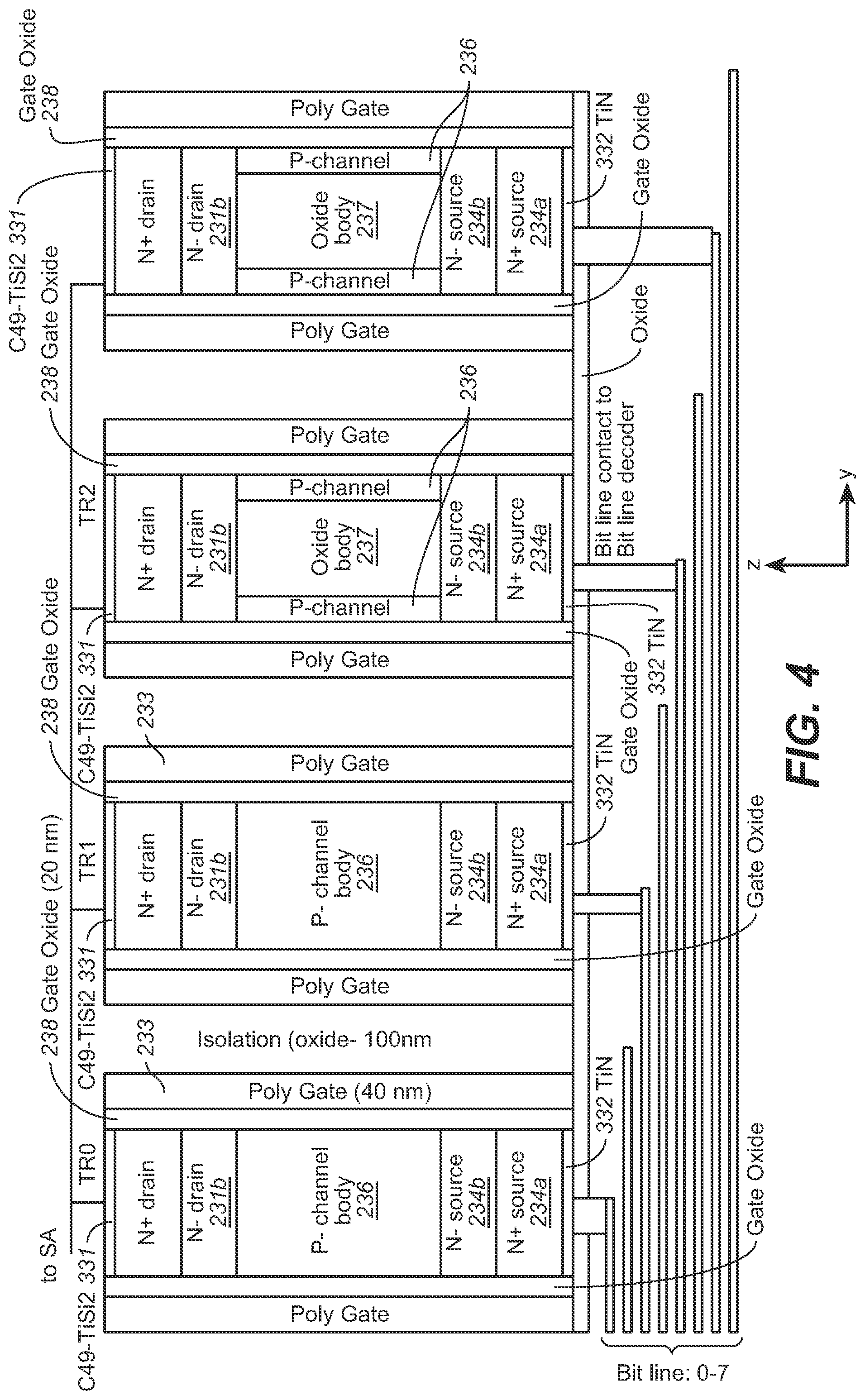 Patent US12324159 Figure 8 – Vertical thin-film transistor and application as bit-line connector for 3-dimensional memory arrays
