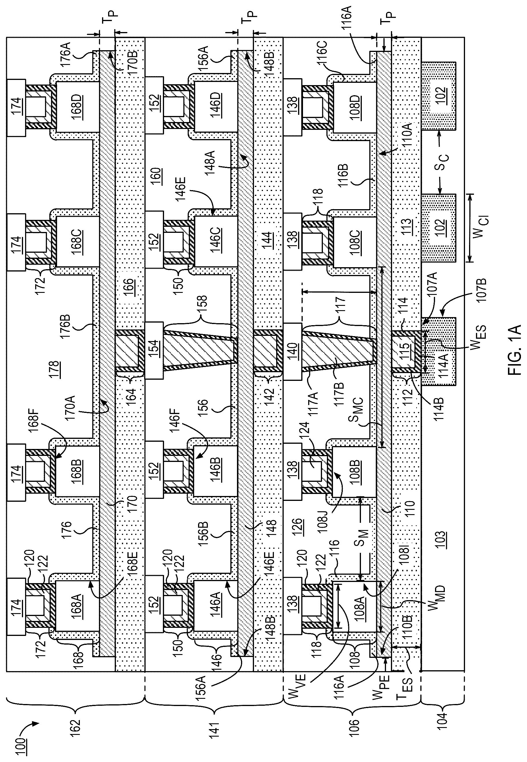 Patent US12324162 Figure 1 – Stacked capacitors with shared electrodes and methods of fabrication