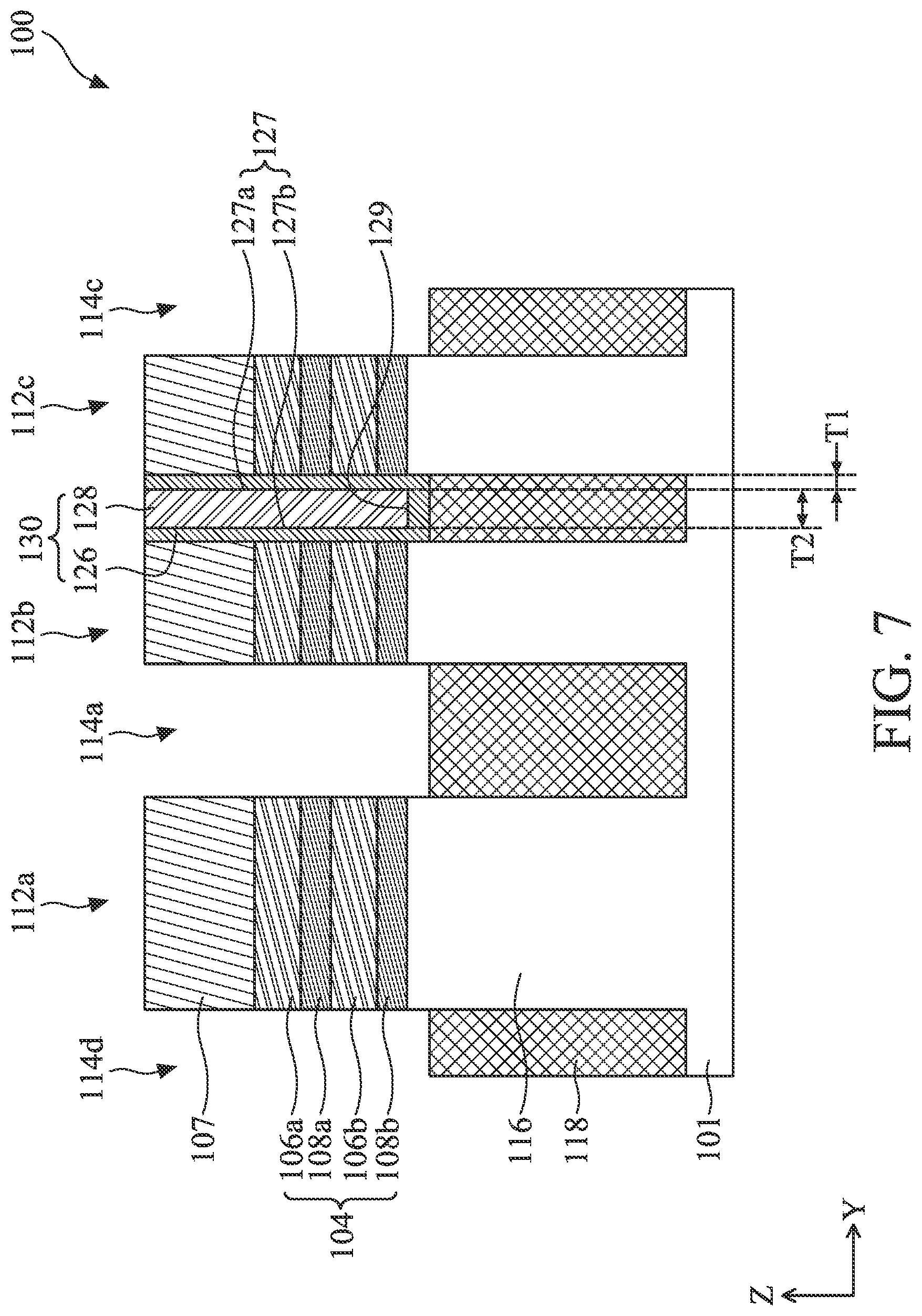 Patent US12324229 Figure 7 – Semiconductor device structure including forksheet transistors and methods of forming the same