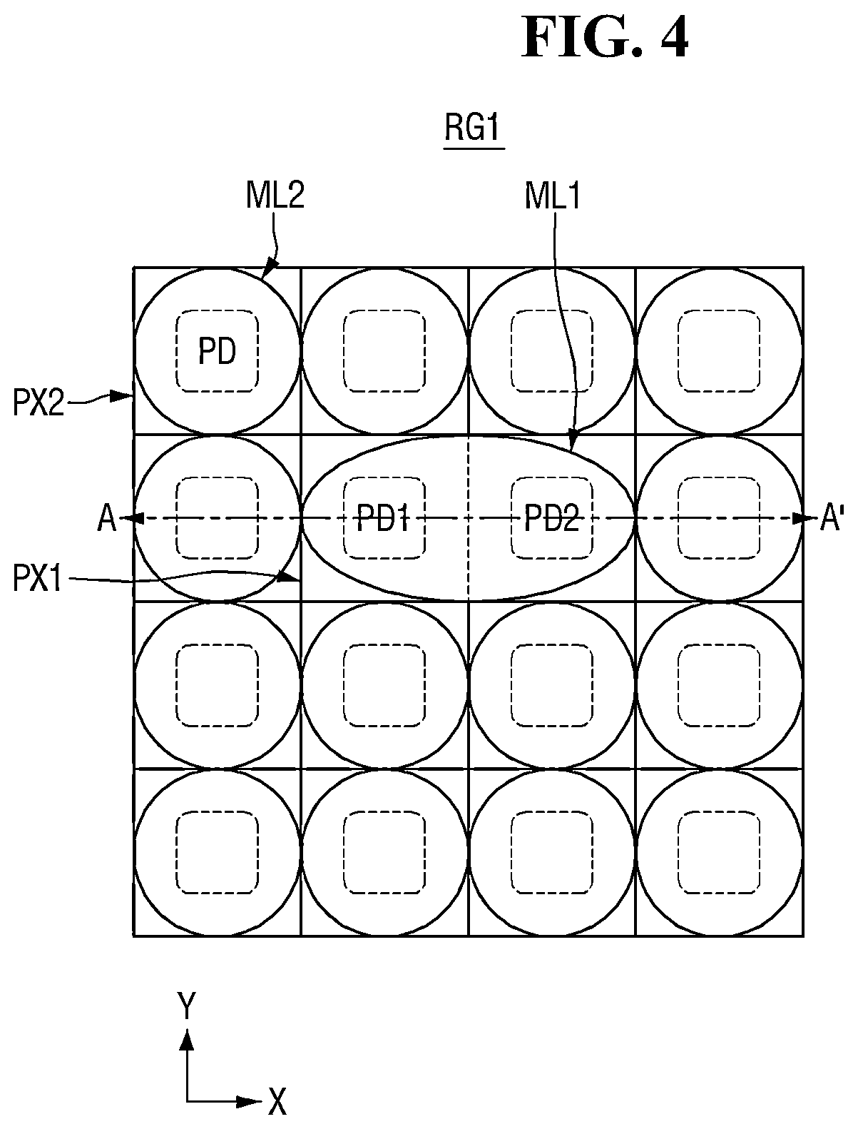 Patent US12324259 Figure 4 – Image sensor including color filter grid including portion overlapping super phase detection (PD) pixel