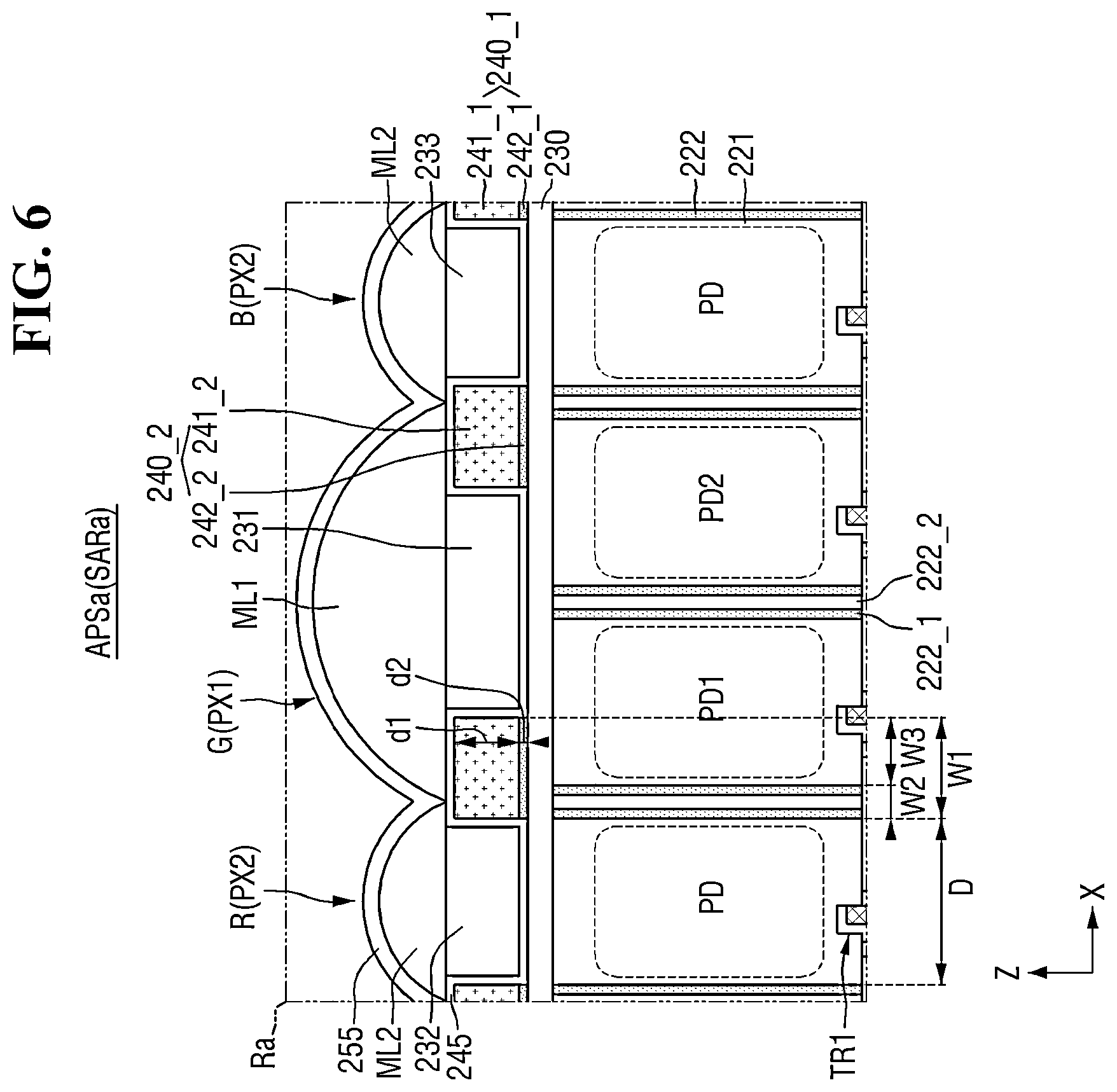Patent US12324259 Figure 6 – Image sensor including color filter grid including portion overlapping super phase detection (PD) pixel