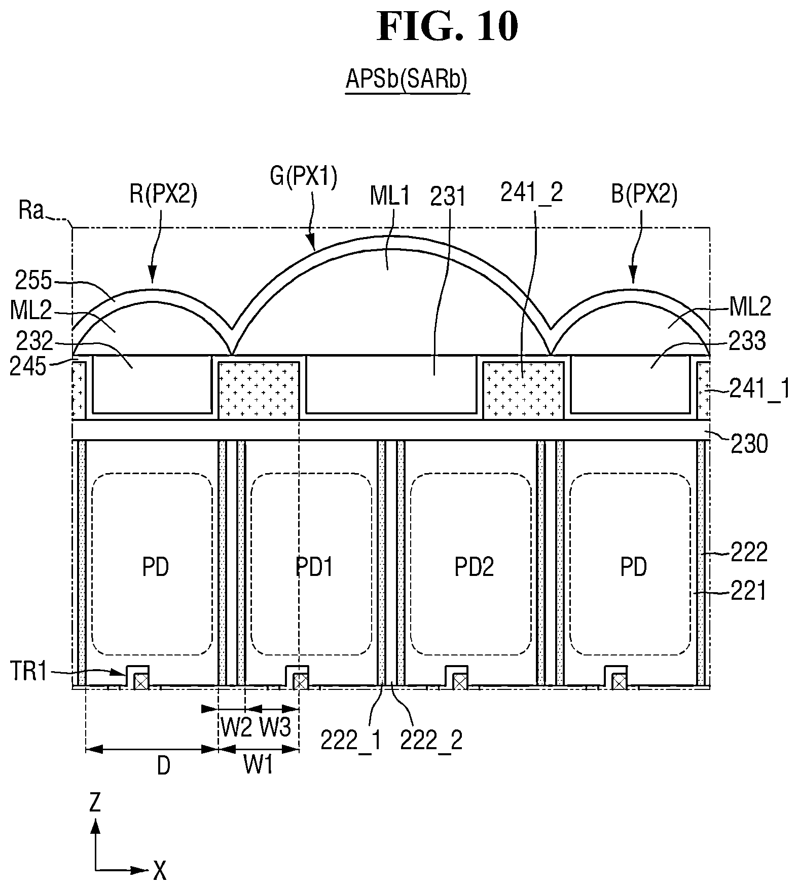 Patent US12324259 Figure 10 – Image sensor including color filter grid including portion overlapping super phase detection (PD) pixel