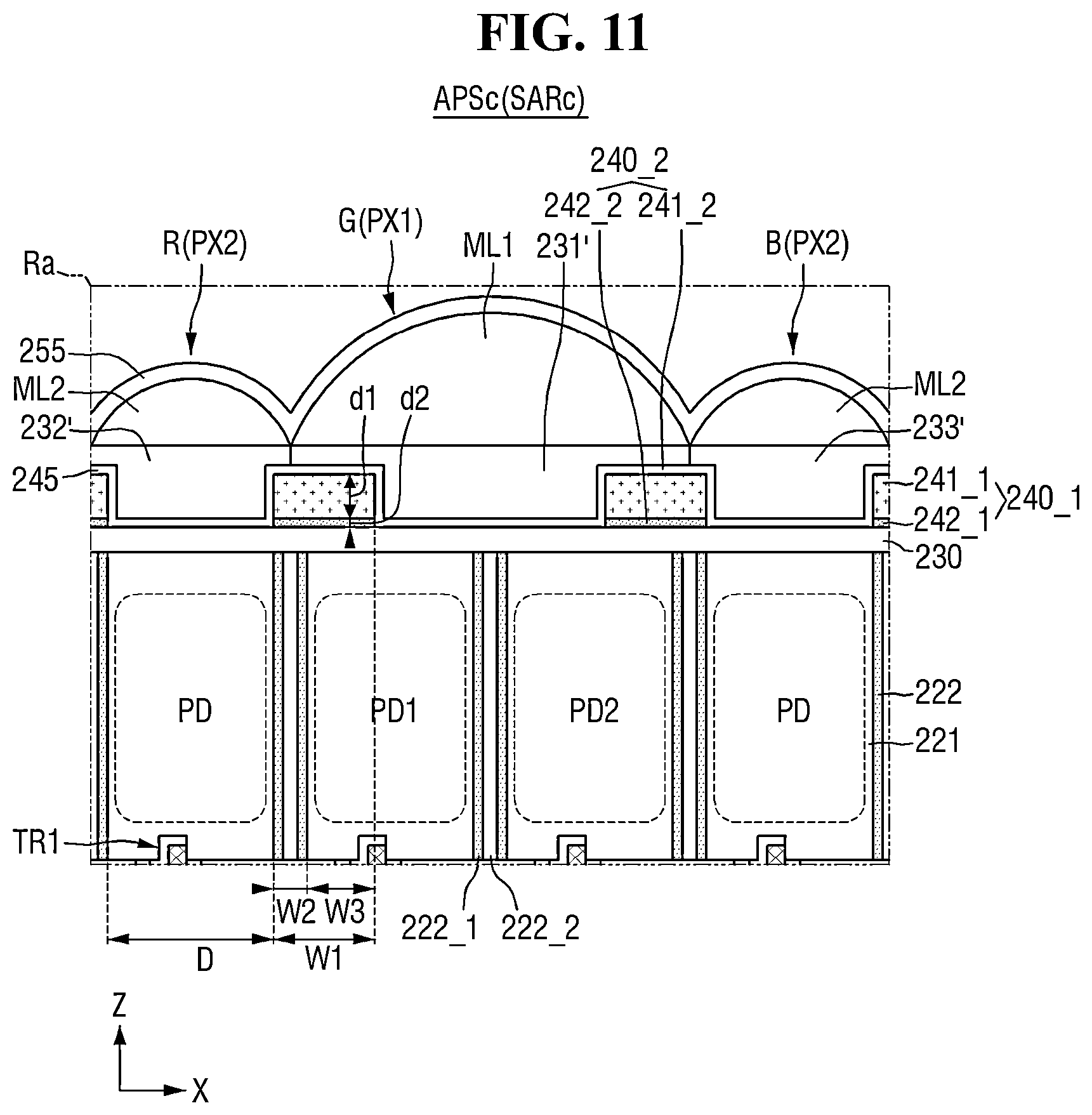 Patent US12324259 Figure 11 – Image sensor including color filter grid including portion overlapping super phase detection (PD) pixel