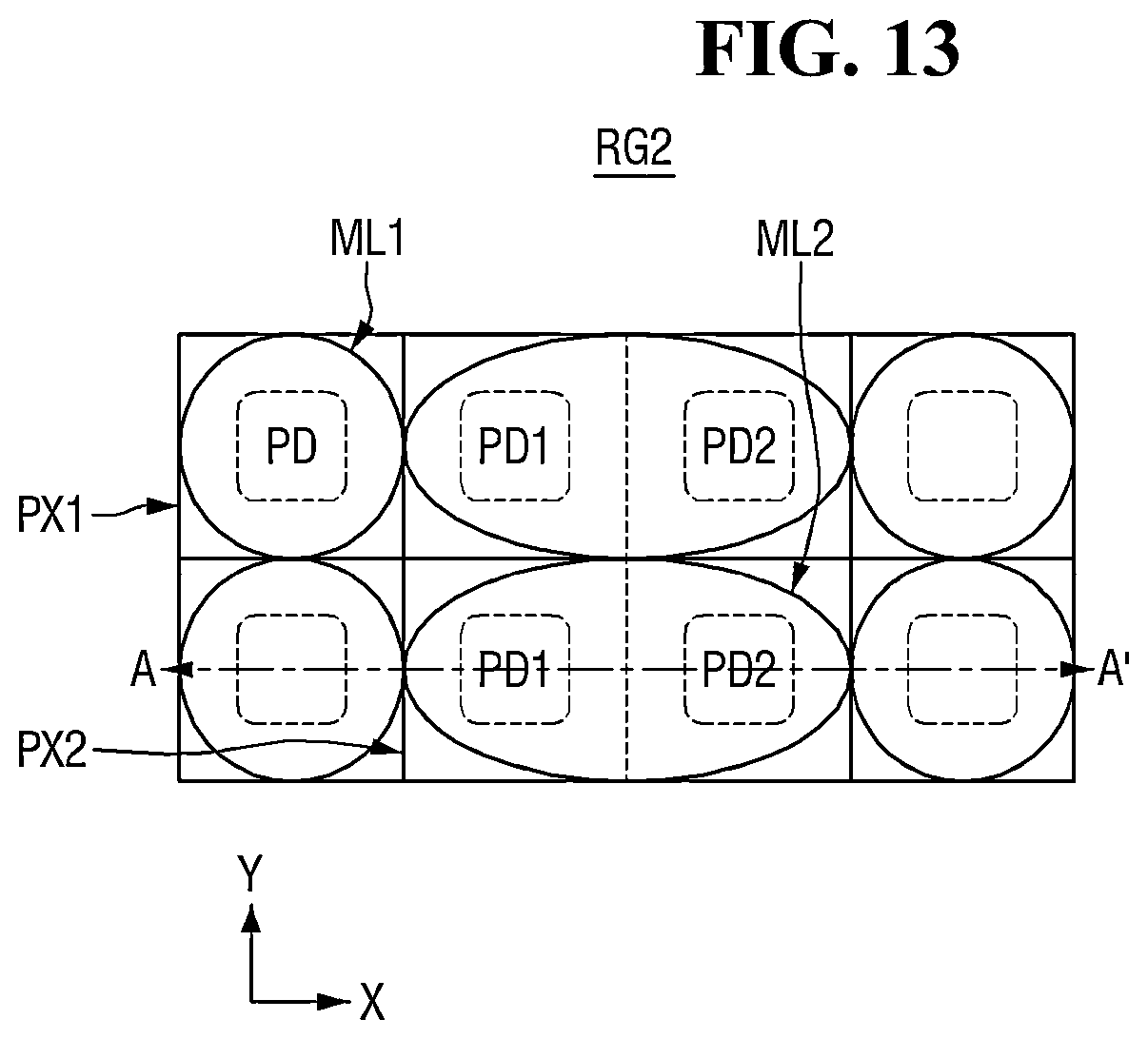 Patent US12324259 Figure 13 – Image sensor including color filter grid including portion overlapping super phase detection (PD) pixel