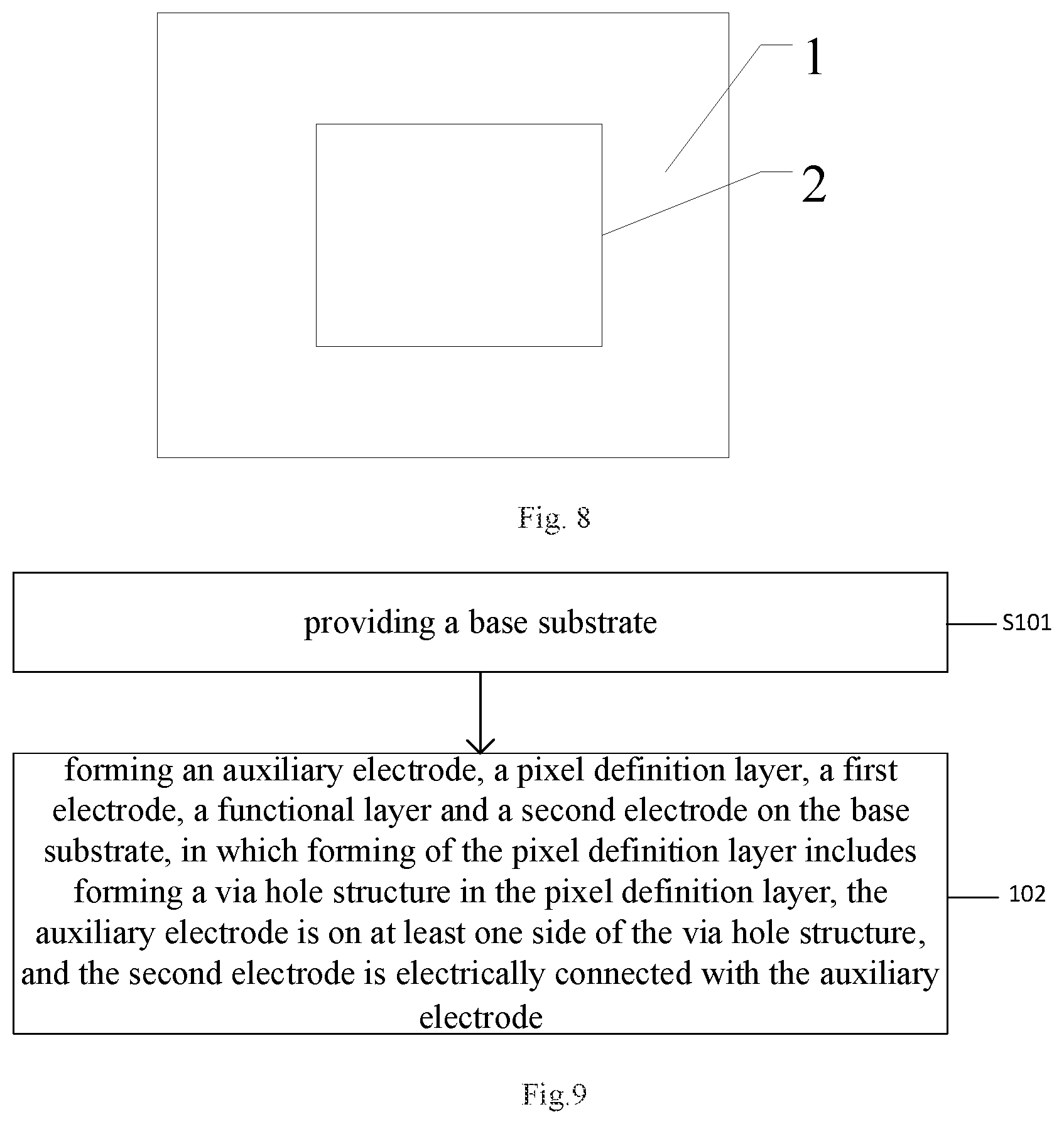 Patent US12324305 Figure 4 – Electroluminescent diode array substrate having an auxiliary electrode formed in a via hole structure that extends from the pixel definition layer and penetrates through the planarization layer thereunder