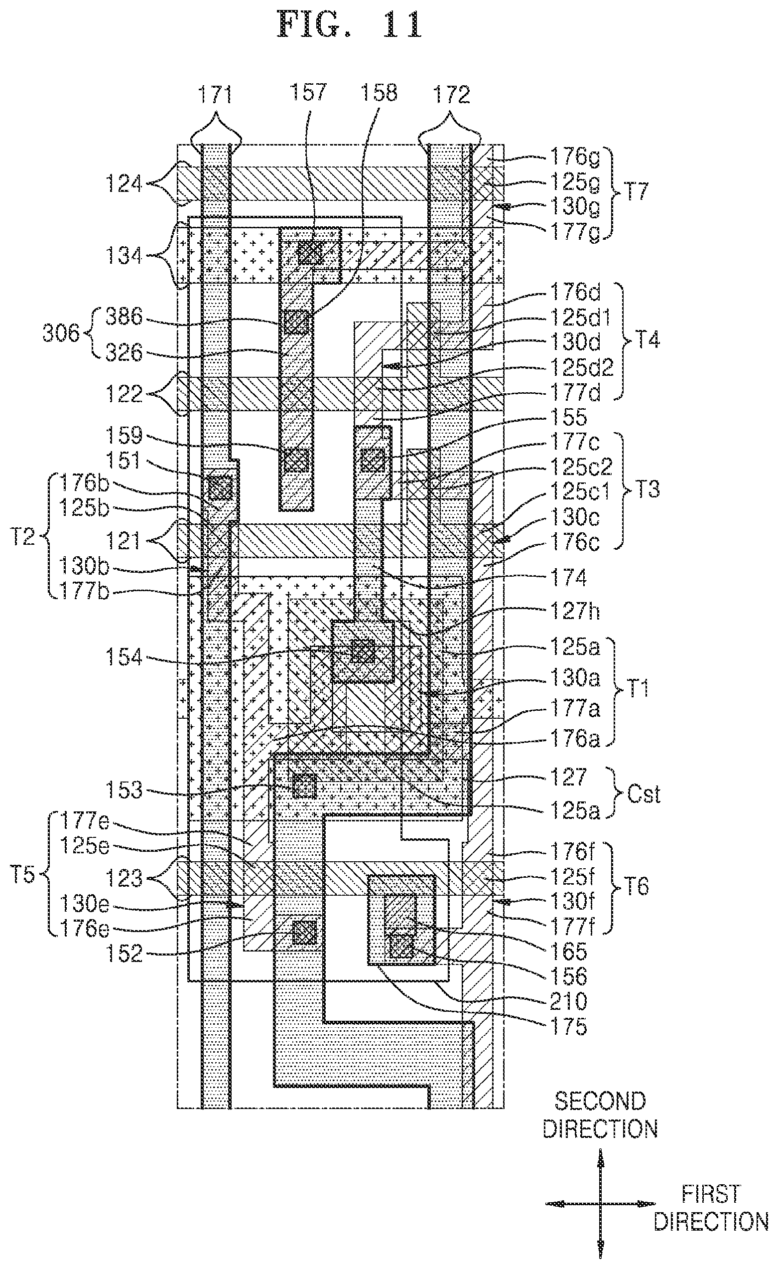 Patent US12324310 Figure 11 – Display device including a node connection line, a shielding portion and a driving voltage line
