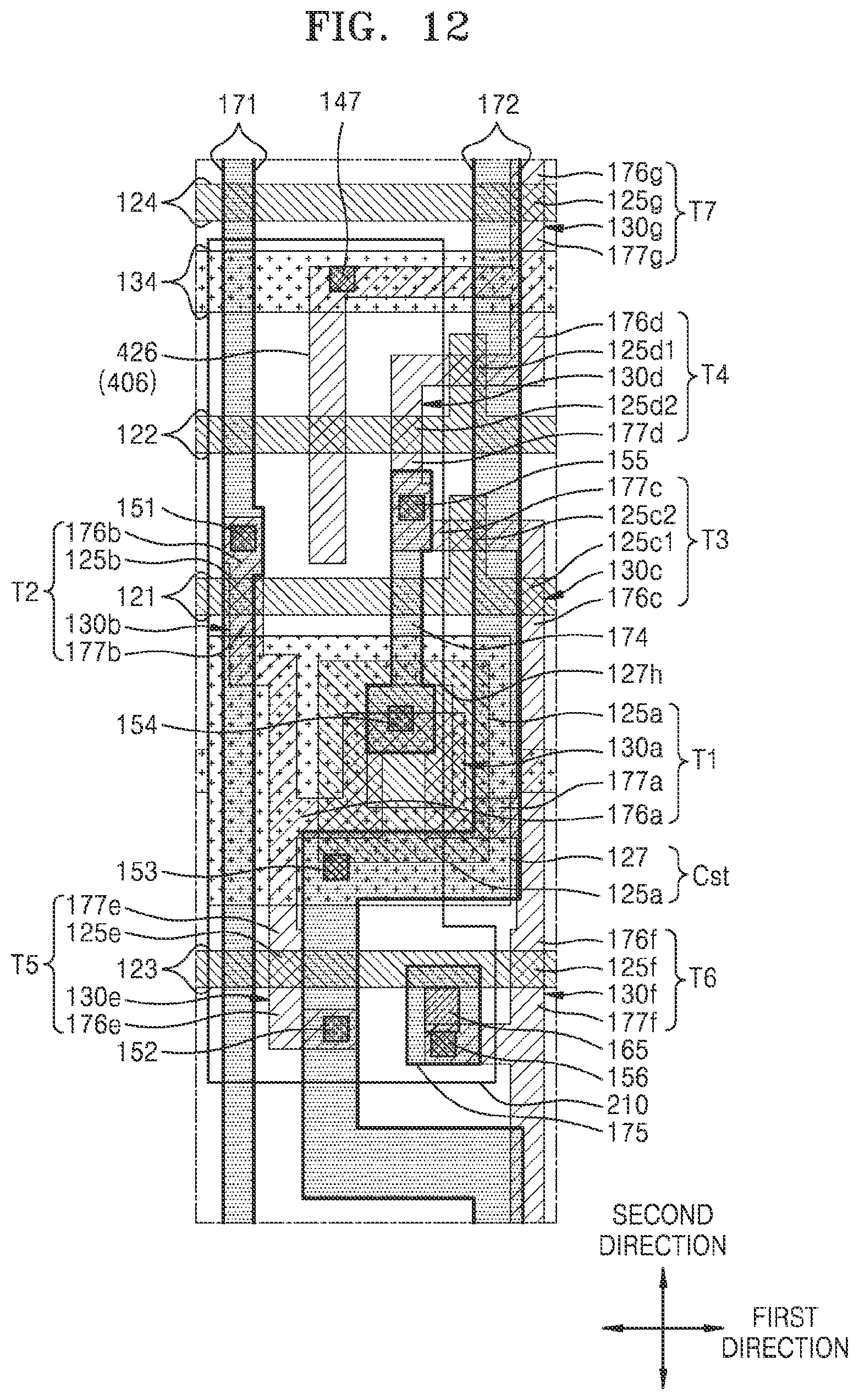 Patent US12324310 Figure 12 – Display device including a node connection line, a shielding portion and a driving voltage line