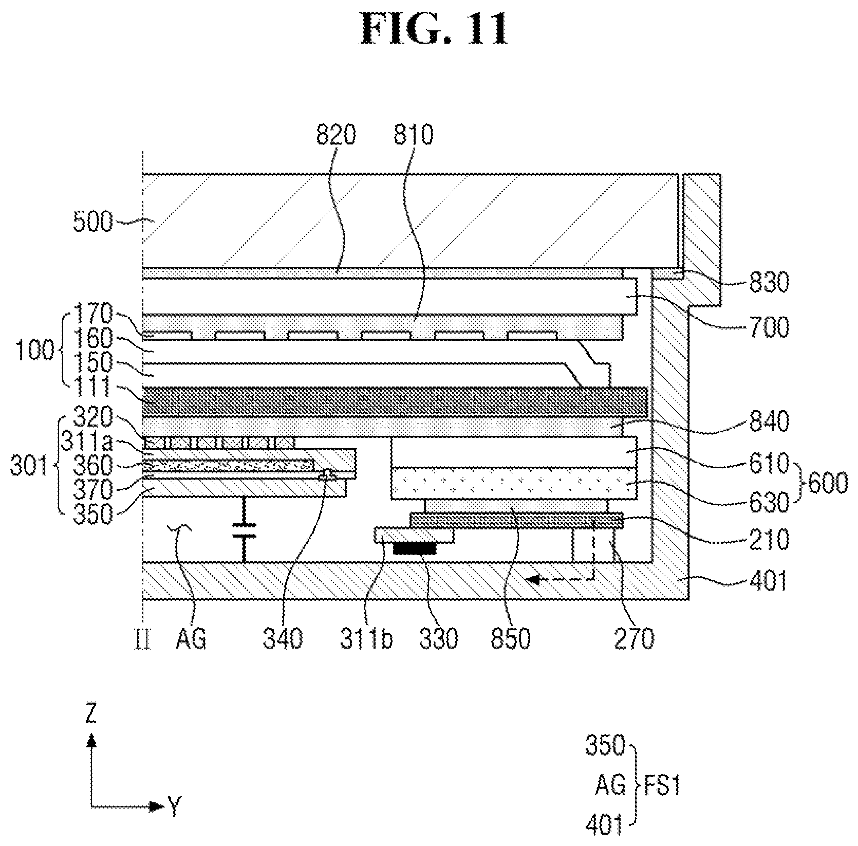 Patent US12324342 Figure 11 – Display device acquiring fingerprint pattern and touch pressure information using a single structure