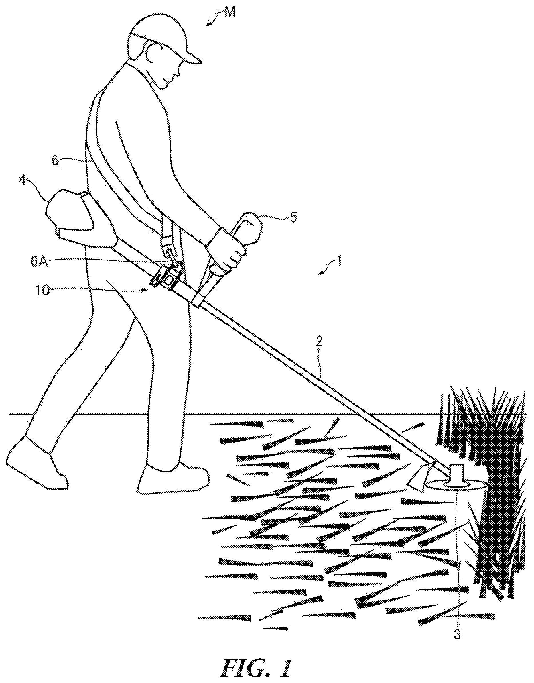 Patent US12324369 Figure 1 – Working machine with operating rod and hanging tool for shoulder belt