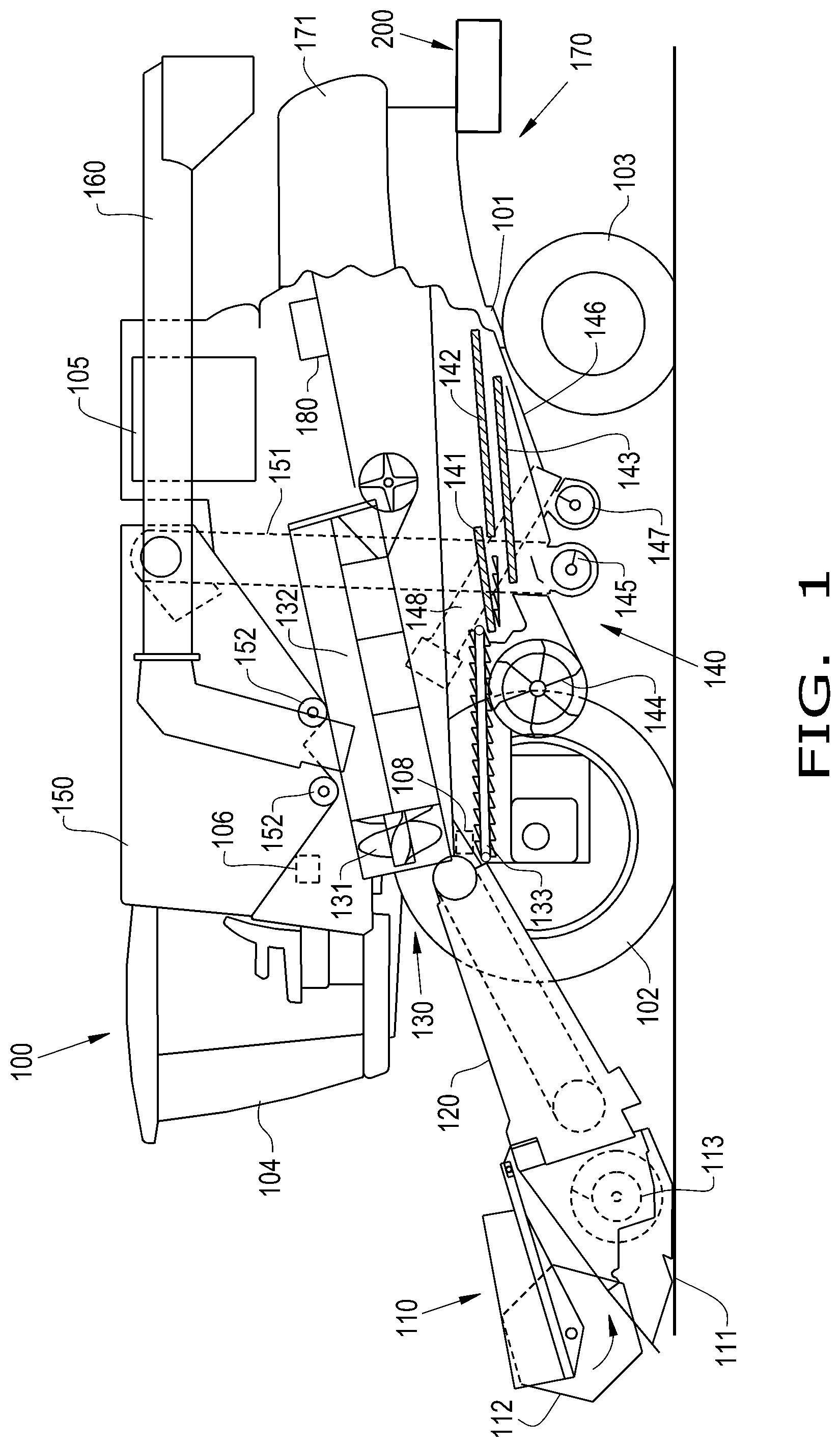 Patent US12324372 Figure 1 – Agricultural harvester with shakeable positive transport conveyor