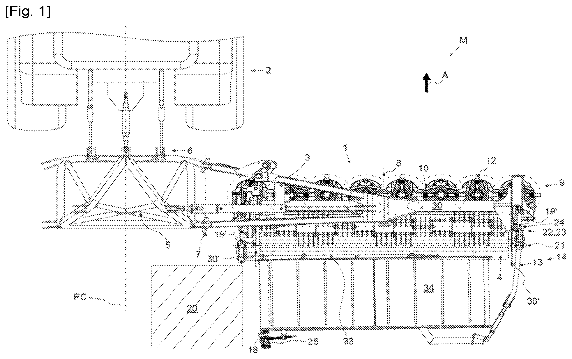 Patent US12324374 Figure 1 – Agricultural device with a cutter bar and a removable collecting device and agricultural machine comprising such a device