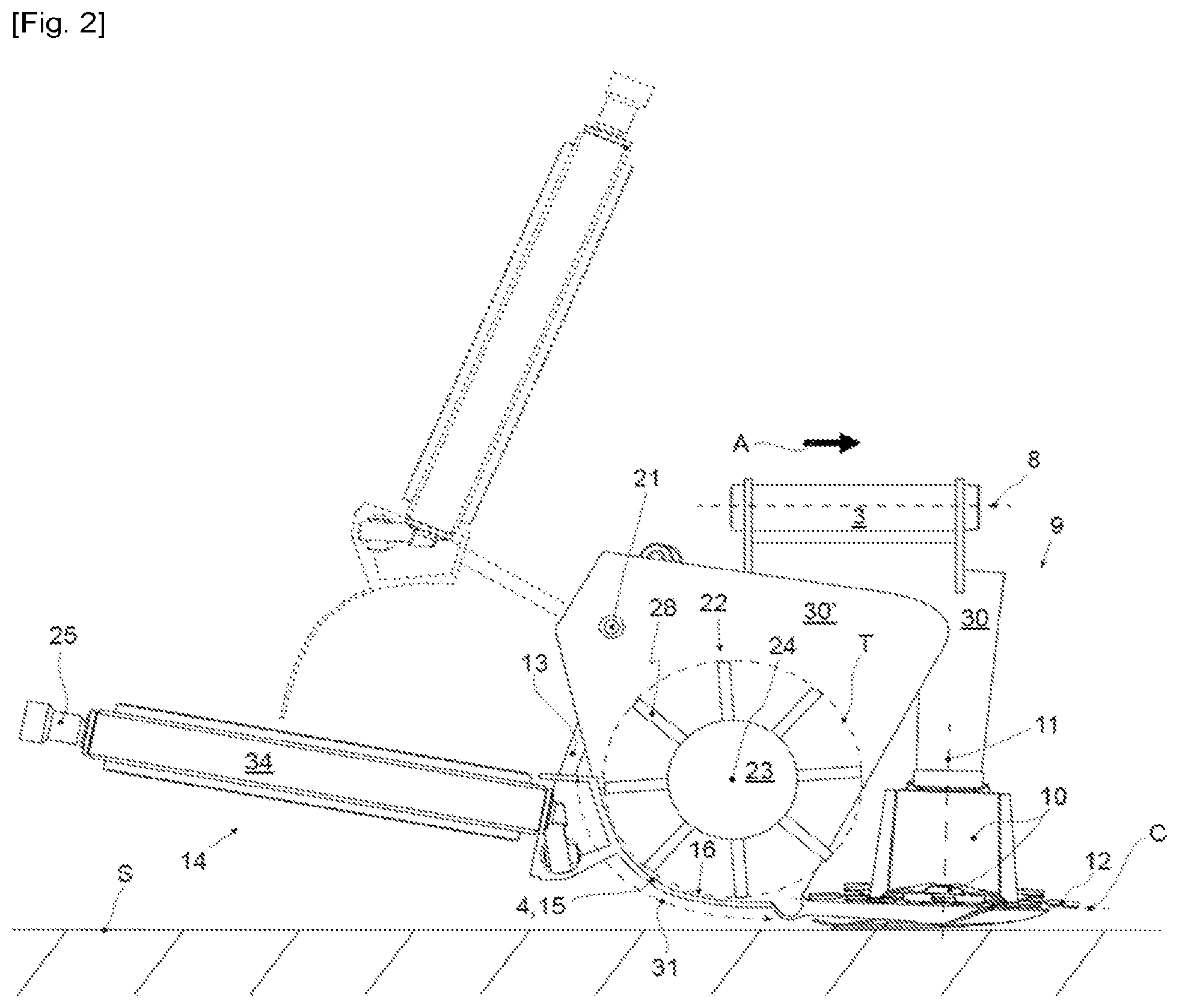 Patent US12324374 Figure 2 – Agricultural device with a cutter bar and a removable collecting device and agricultural machine comprising such a device