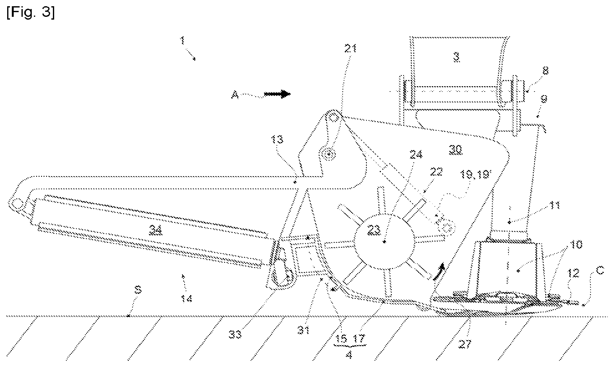 Patent US12324374 Figure 3 – Agricultural device with a cutter bar and a removable collecting device and agricultural machine comprising such a device