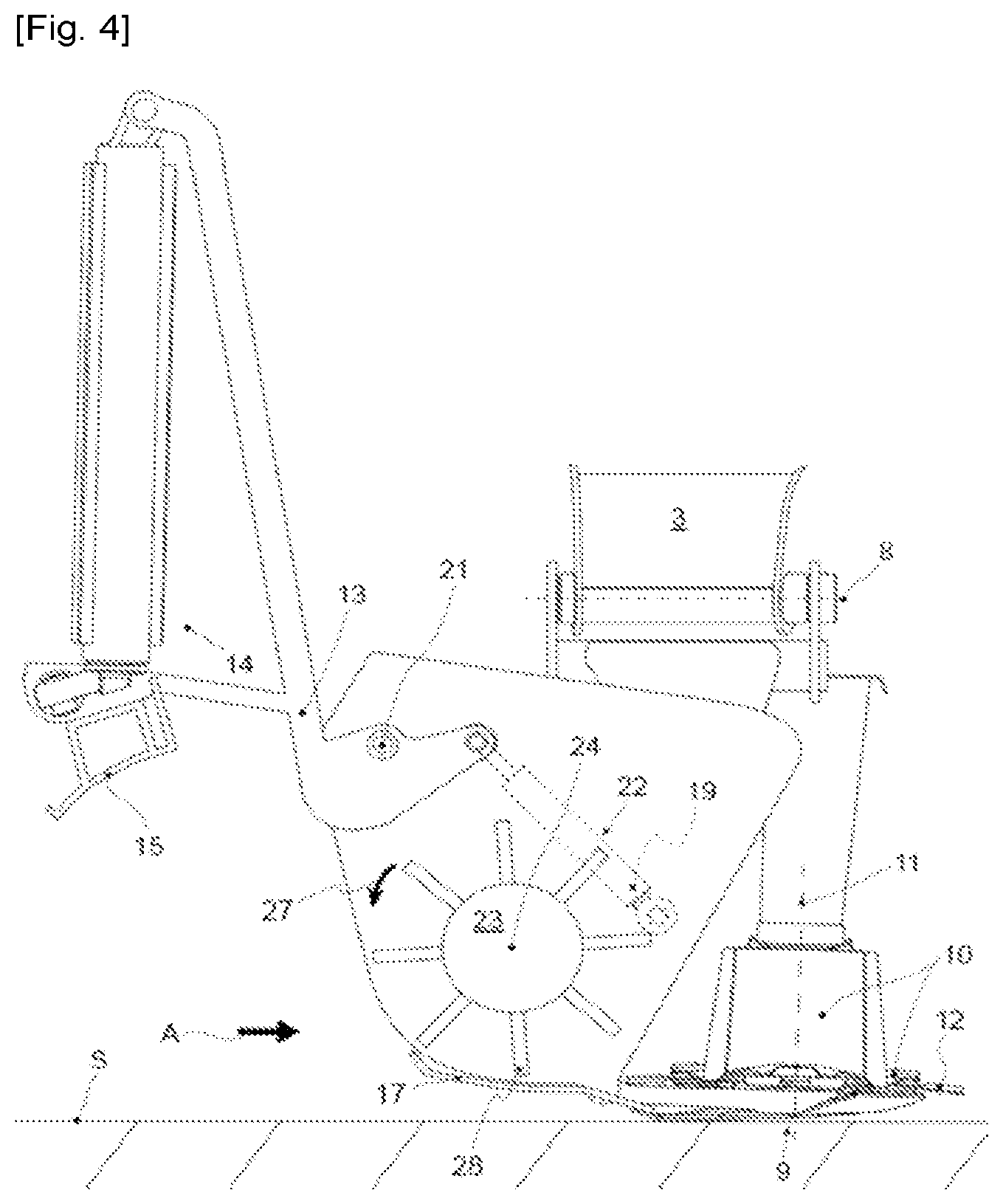 Patent US12324374 Figure 4 – Agricultural device with a cutter bar and a removable collecting device and agricultural machine comprising such a device