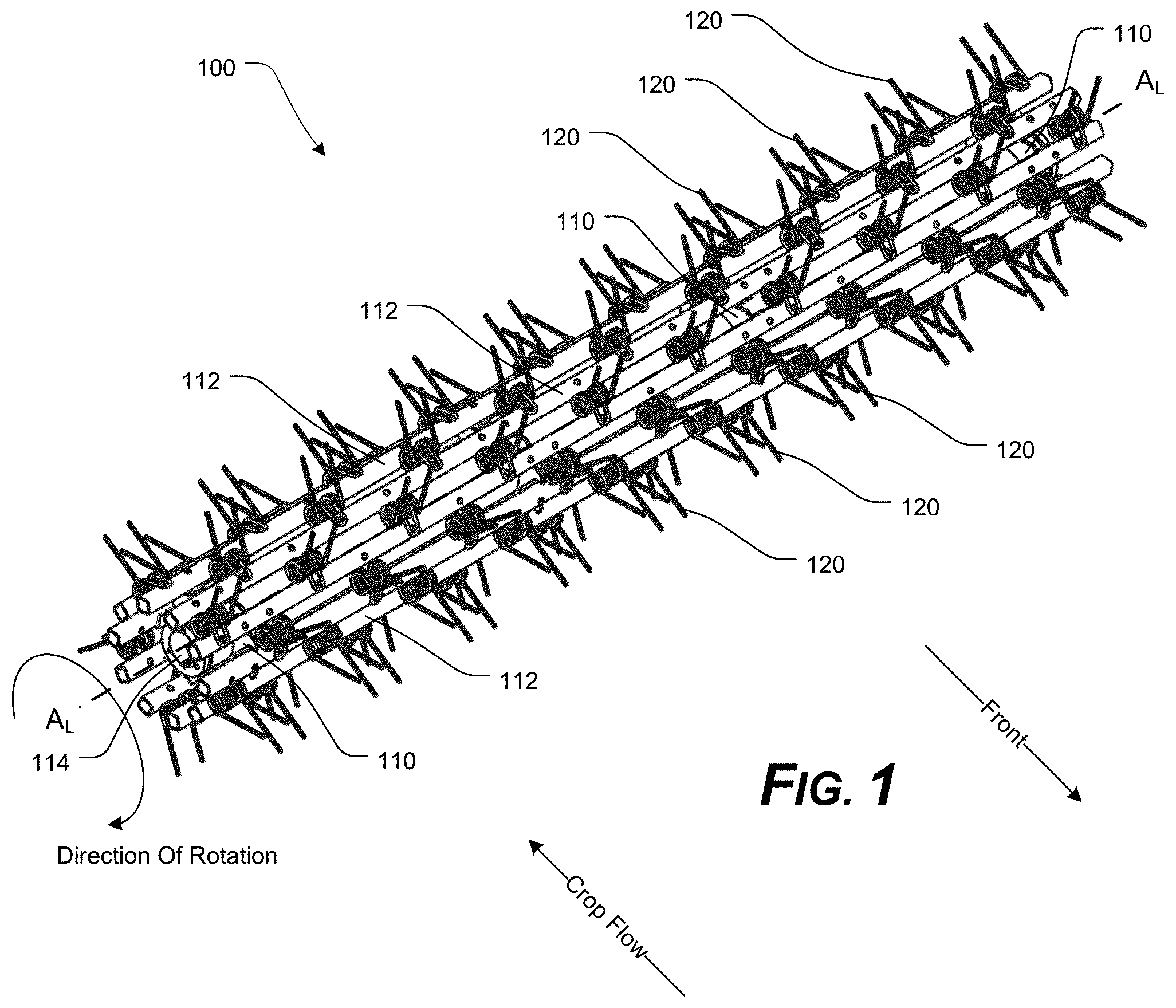 Patent US12324376 Figure 1 – Threshing/separating device having tined accelerator and/or axial rotor system