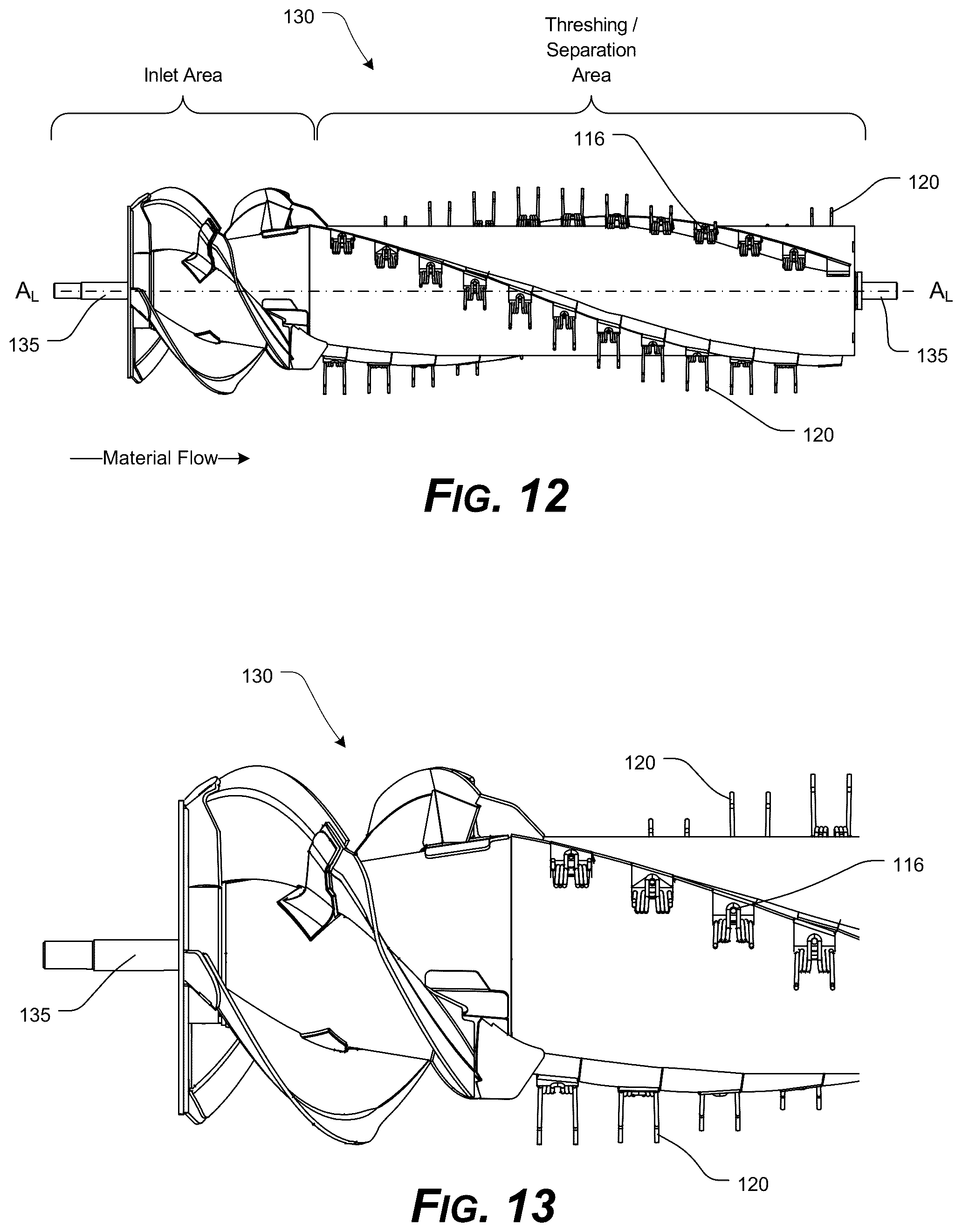 Patent US12324376 Figure 7 – Threshing/separating device having tined accelerator and/or axial rotor system