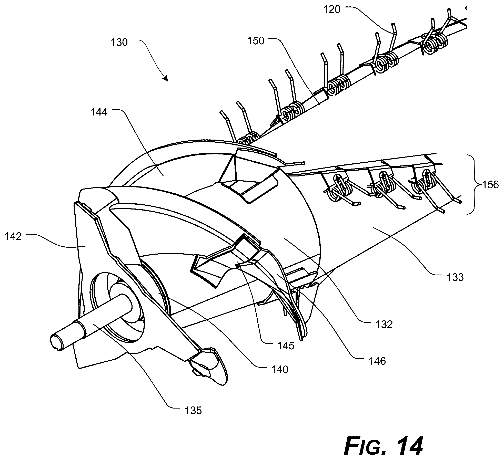 Patent US12324376 Figure 8 – Threshing/separating device having tined accelerator and/or axial rotor system