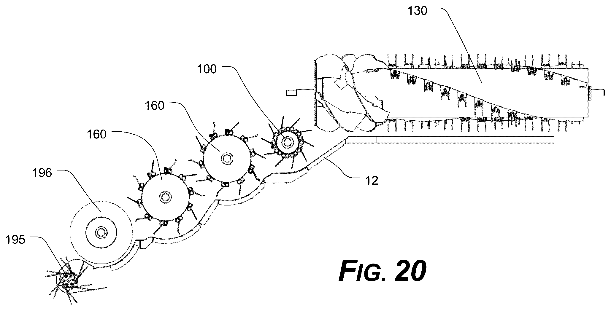 Patent US12324376 Figure 14 – Threshing/separating device having tined accelerator and/or axial rotor system