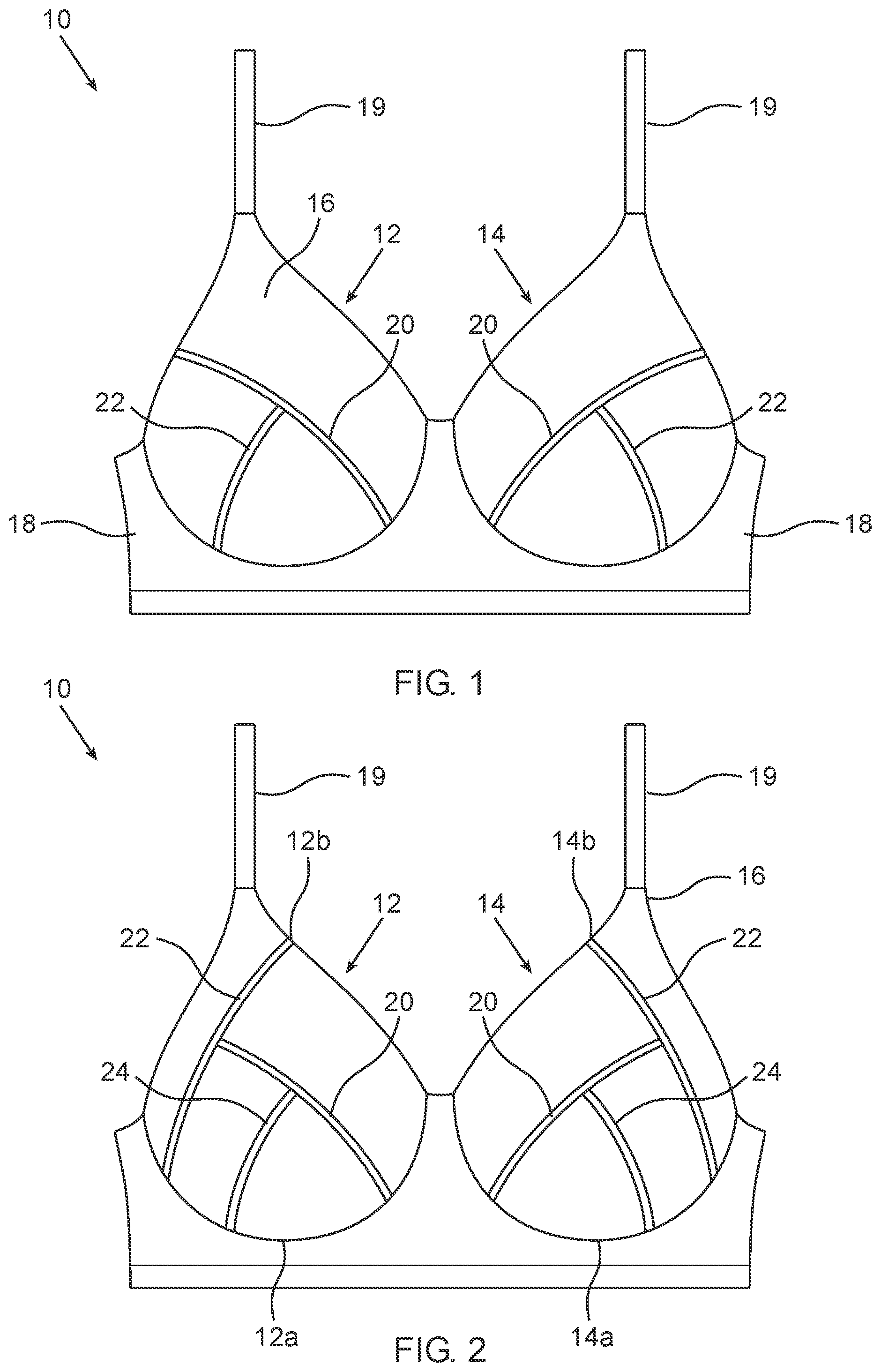 Patent US12324461 Figure 1 – Brassiere with cups having reinforcing elements
