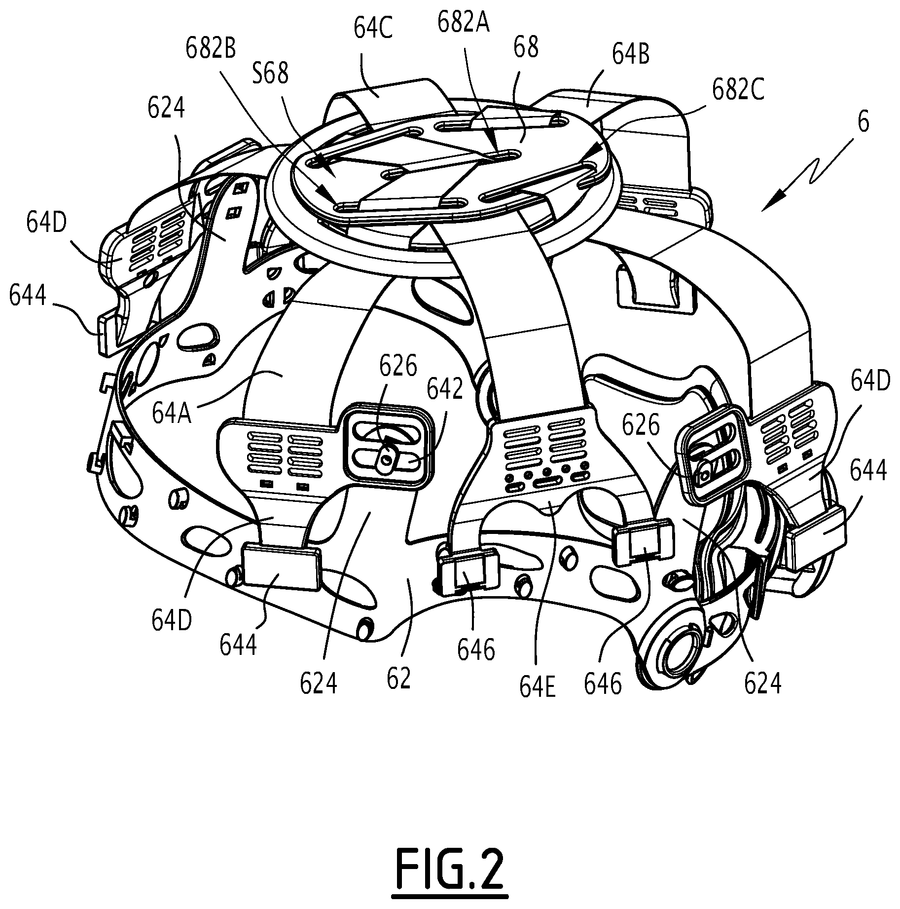 Patent US12324472 Figure 2 – Helmet with holding device and force absorber